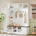 Merax Farmhouse Wood Hall Tree with 6 Hooks and Shoe Bench, Mudroom Versatile Coat Racks with Cabinets and Shelves, Entrance Org