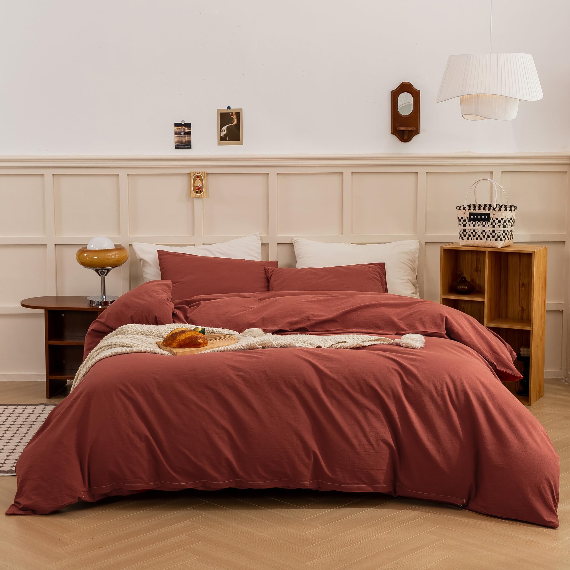ECOCOTT Duvet Cover Queen Size - Linen Feel Textured Organic Natural 100% Washed Cotton, Soft Breathable 3 Pieces Bedding Set wi