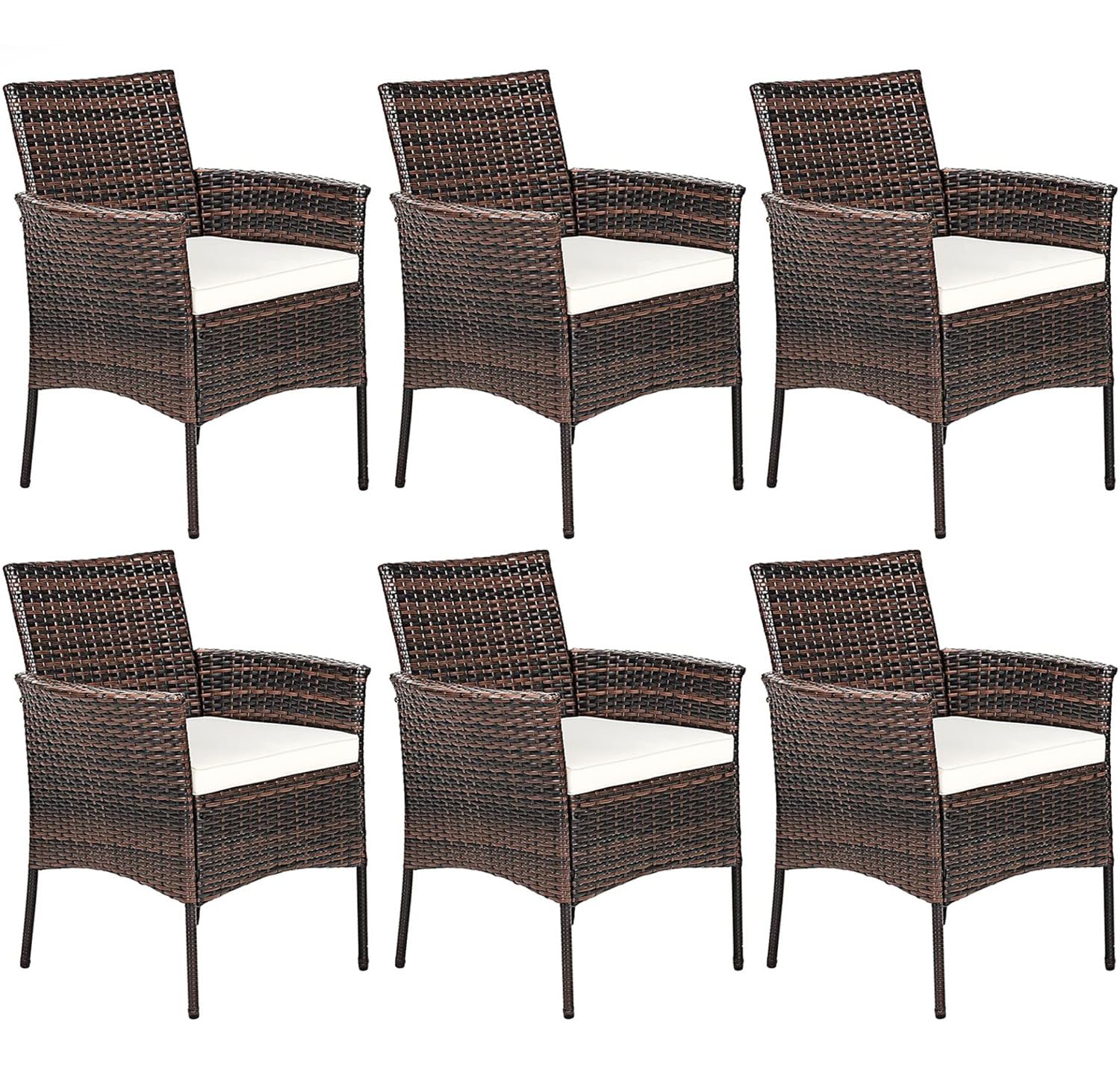 RELAX4LIFE Wicker Patio Chairs Set of 6, Indoor Outdoor PE Rattan Armchairs w/Cane Back, Seat Cushions for Bistro Porch Poolside