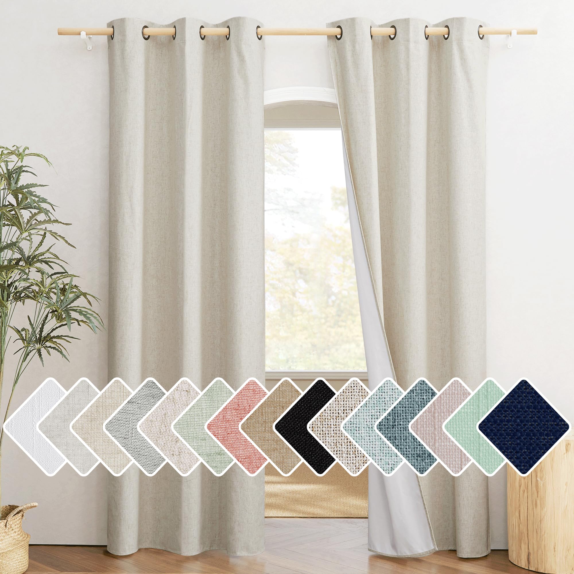 NICETOWN Natural Full Blackout Boho-Chic Linen Curtains 84 inch Long 2 Panels Set for Cafe Window, 42 inch Wide, Thick Linen Ble