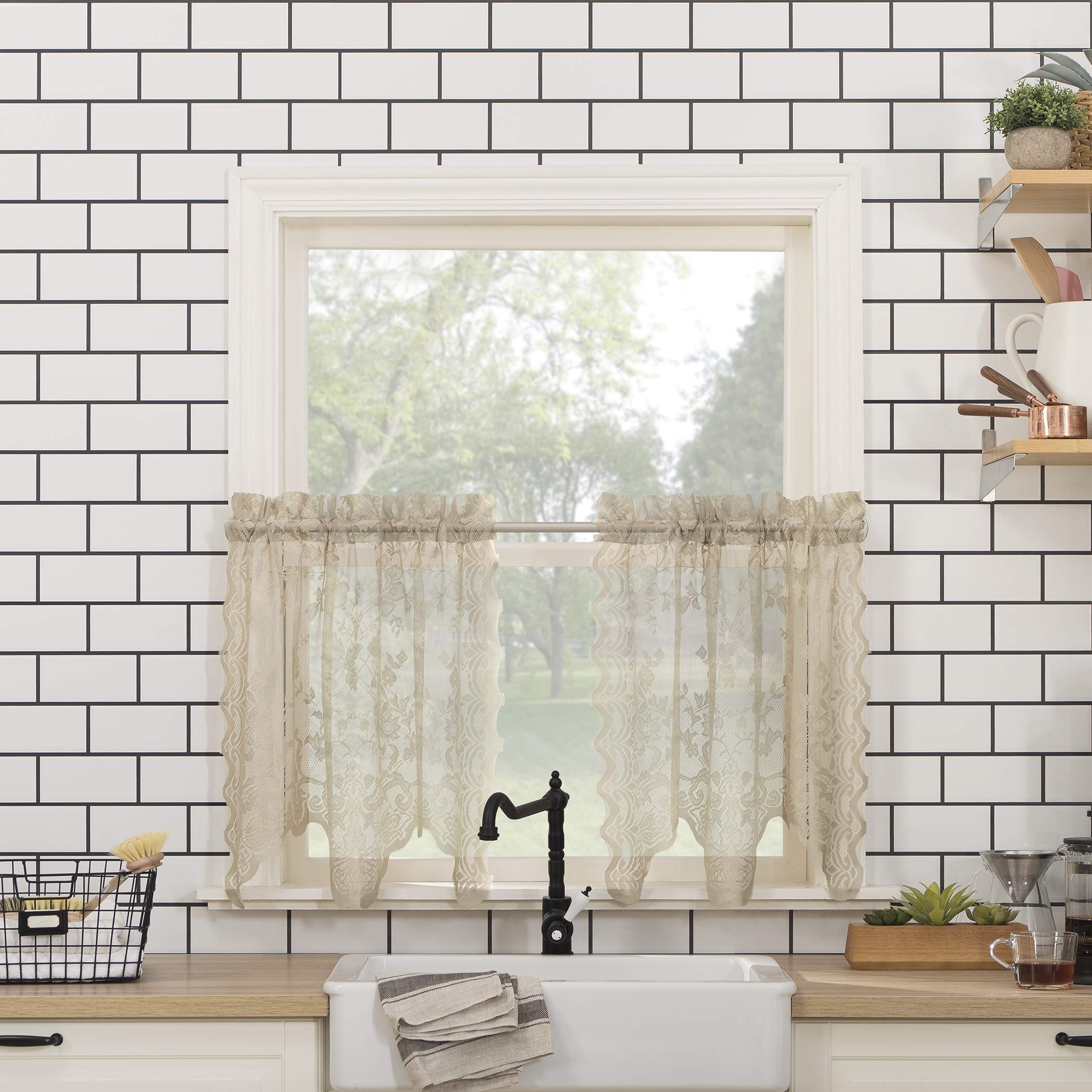 No. 918 Alison-Tr Floral Lace Sheer Rod Pocket Kitchen Curtain Tier Pair, 58 x 24, Stone