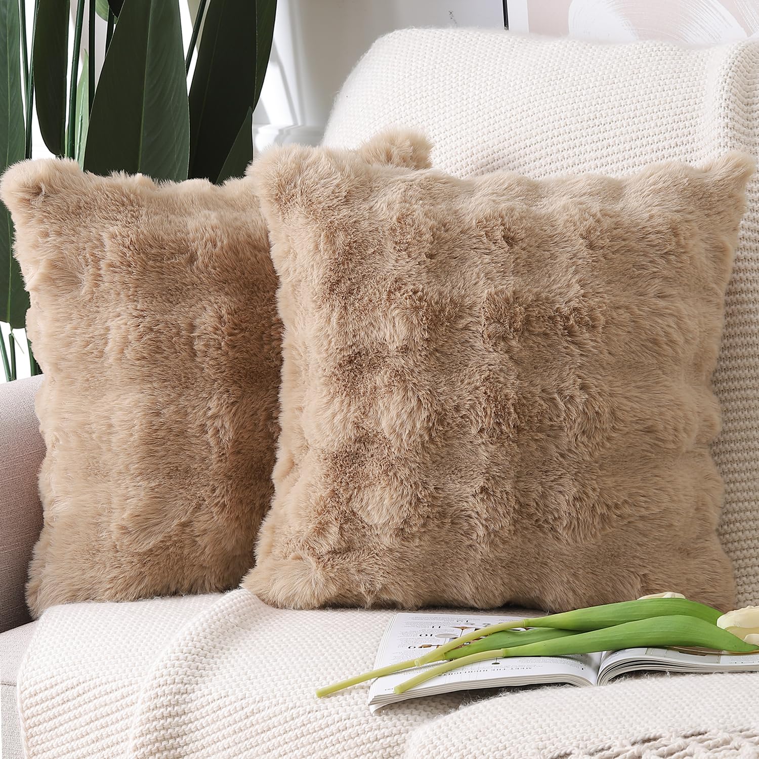 MADIZZ Pack of 2 Thick Plush Wool Throw Pillow Covers 16x16 Inch Camel Soft Decorative Cushion Cover for Sofa Bedroom Pillow She