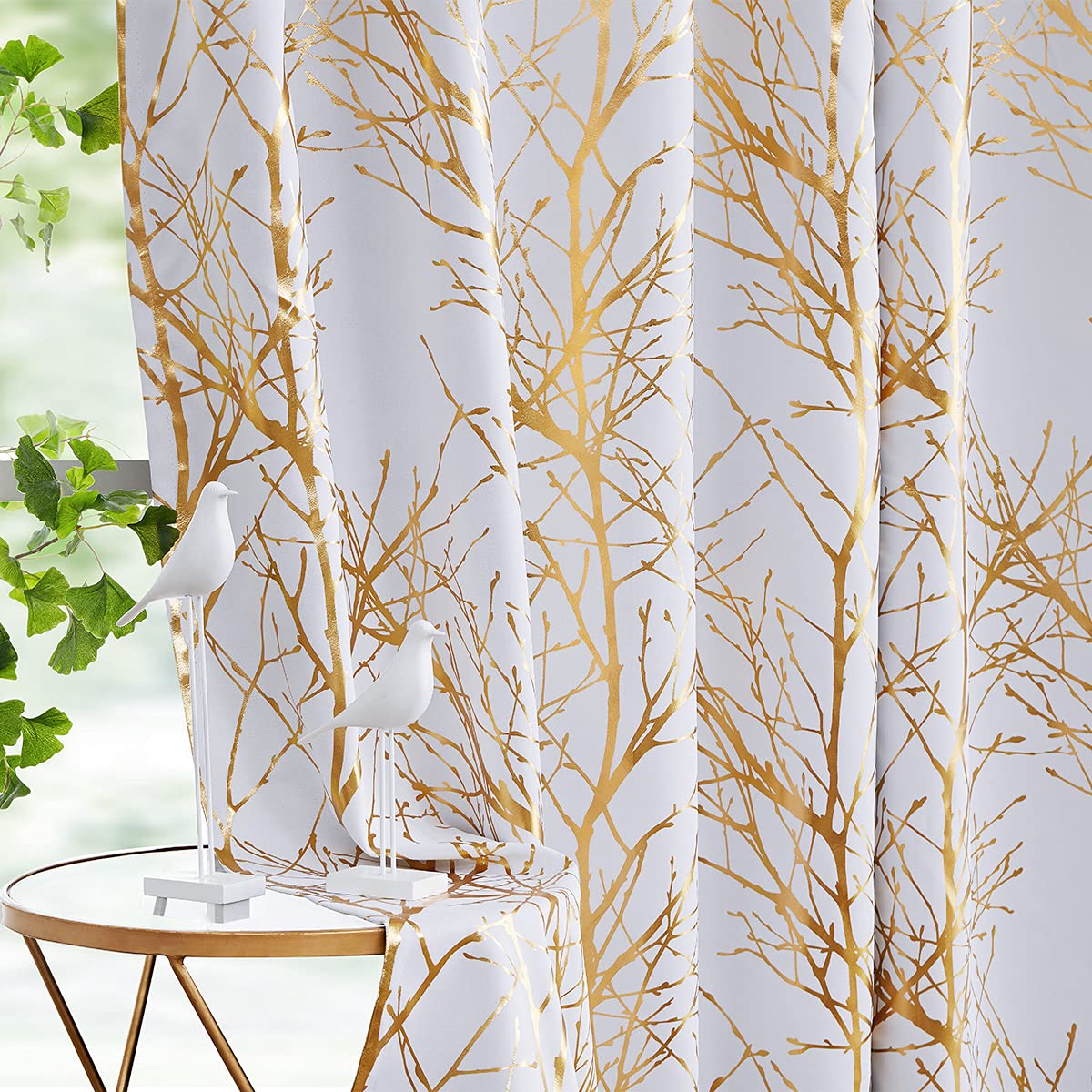 White-Gold Tree Blackout Curtains for Living Room 84inch Long Foil Branch Print Curtain Panels for Bedroom Thermal Insulated Ene