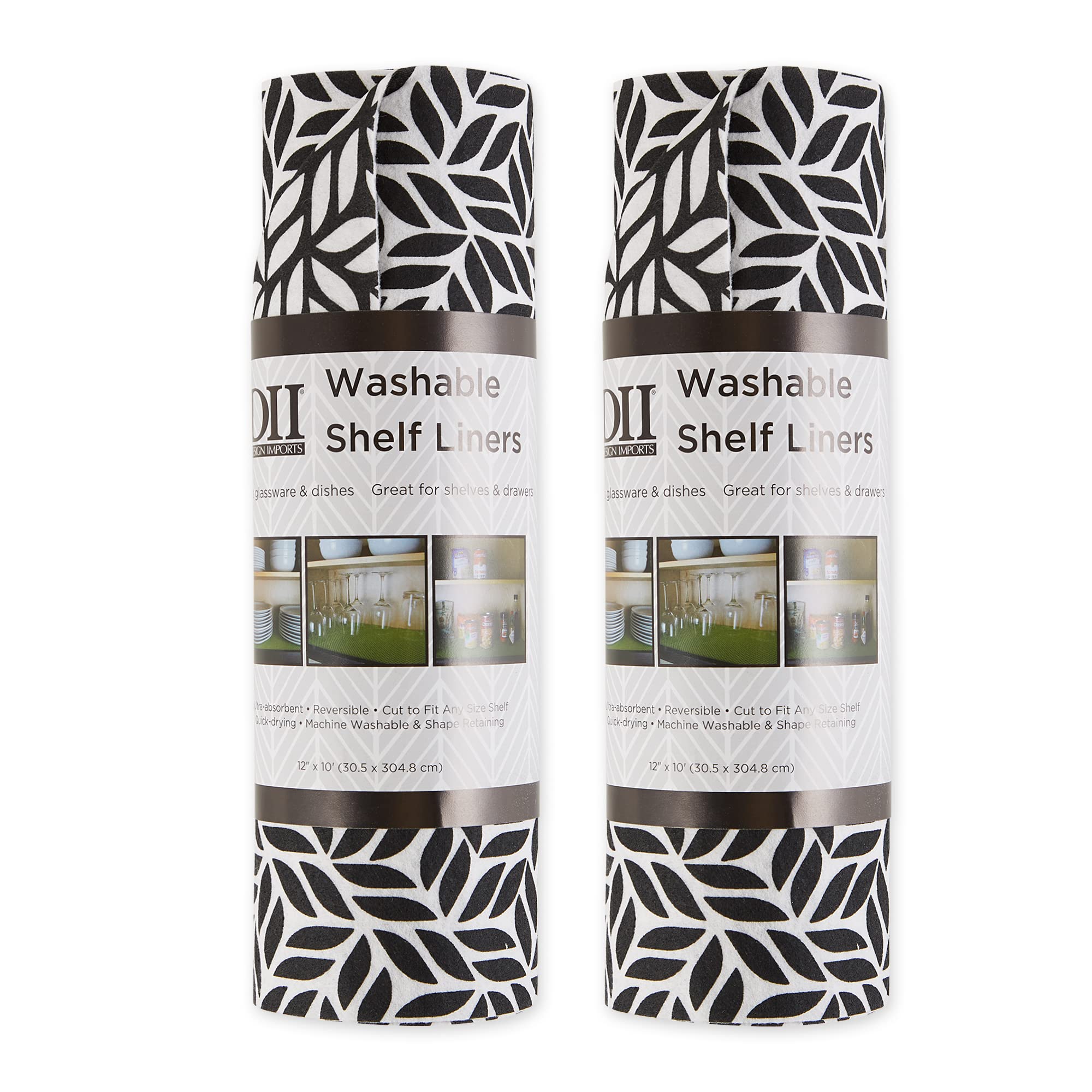 DII Fridge & Shelf Liner Collection Non-Adhesive, Cut to fit, Machine Washable, 12x20, Black Abstract Leaf, 2 Piece