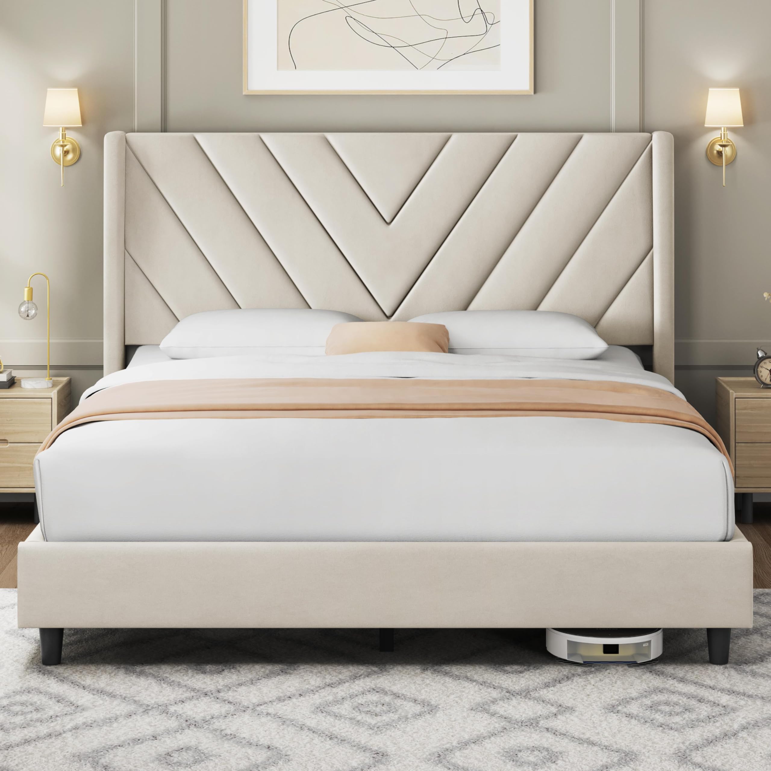 Yaheetech Queen Bed Frame Upholstered Platform Bed with Wing Side/Wooden Slat Support/Tufted Headboard with Wing Side/Mattress F