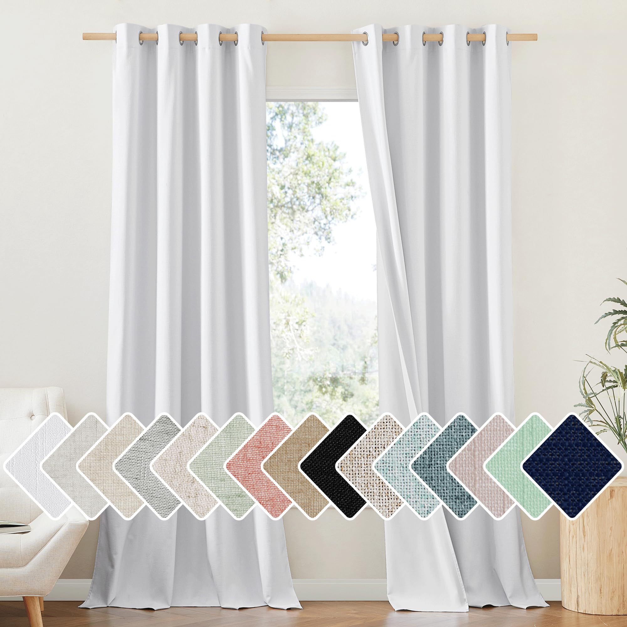 NICETOWN 100% Absolutely Blackout Linen Curtains with Thermal Insulated White Liner, White, 52 inches Wide, 102 inches Length En