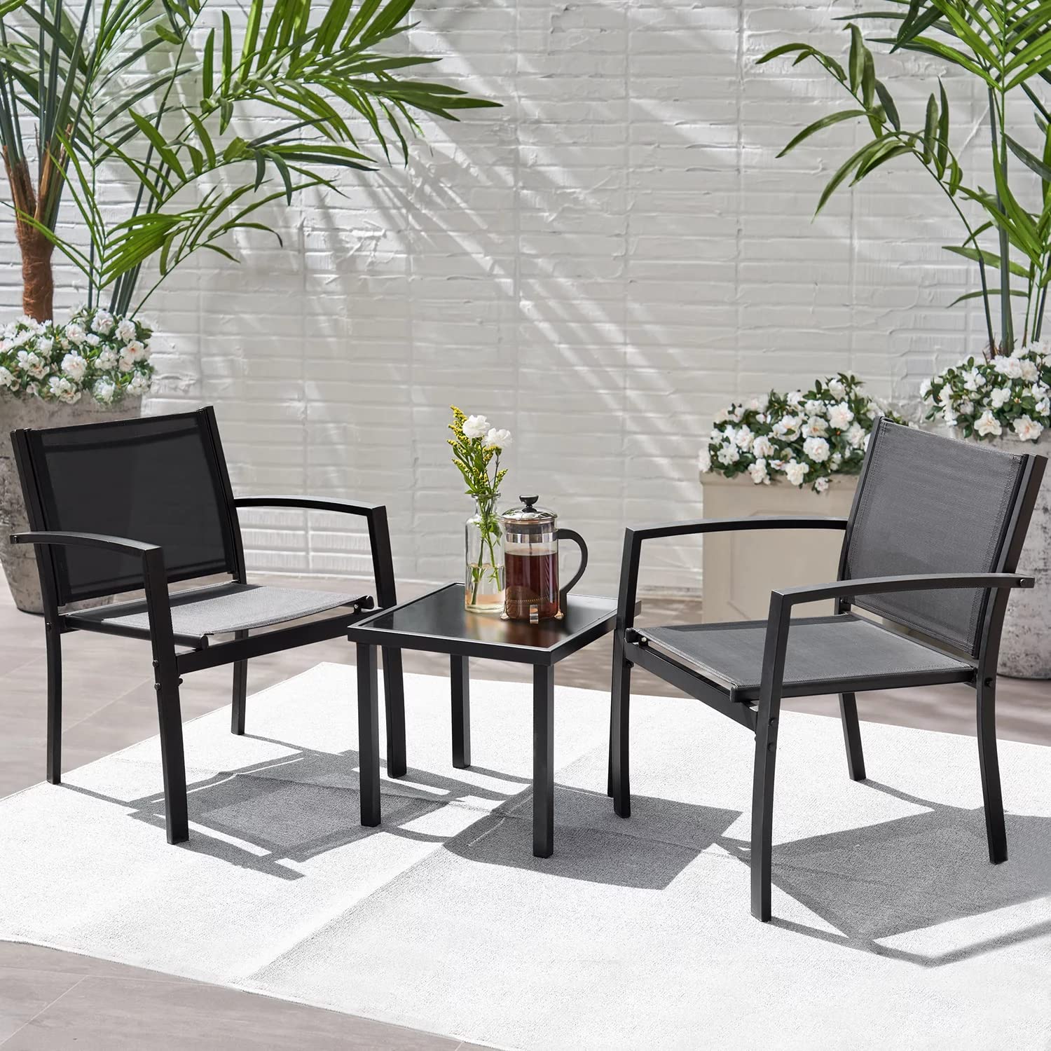 Flamaker Patio Chairs 3 Piece Outdoor Textilene Fabric Bistro Conversation Set with Side Table All Weather Porch Furniture for B