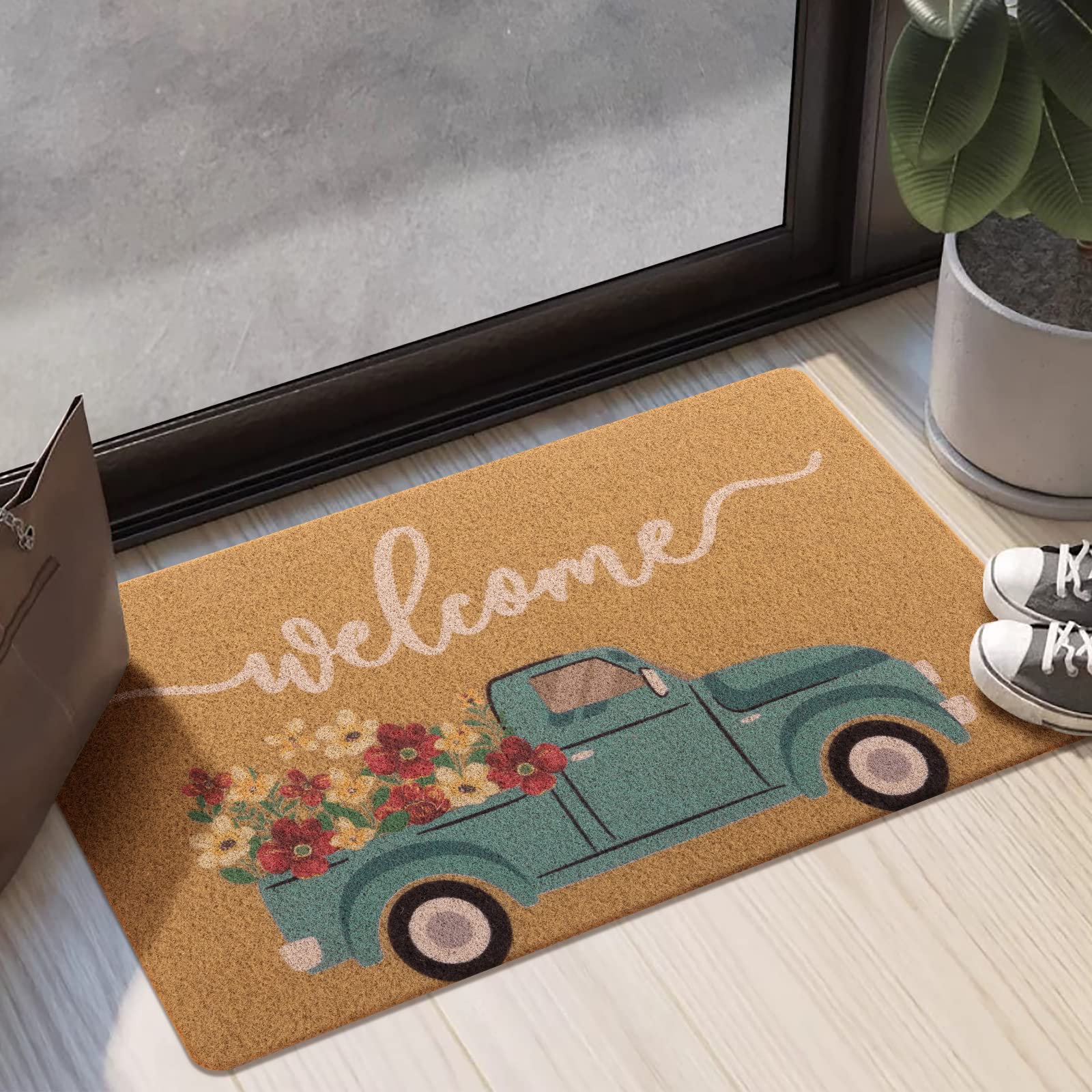 Carvapet Artificial Coir Doormat with Non-Slip Backing for Indoor and Outdoor 17 x 30 inch Front Door Welcome Mat Spring Summer 