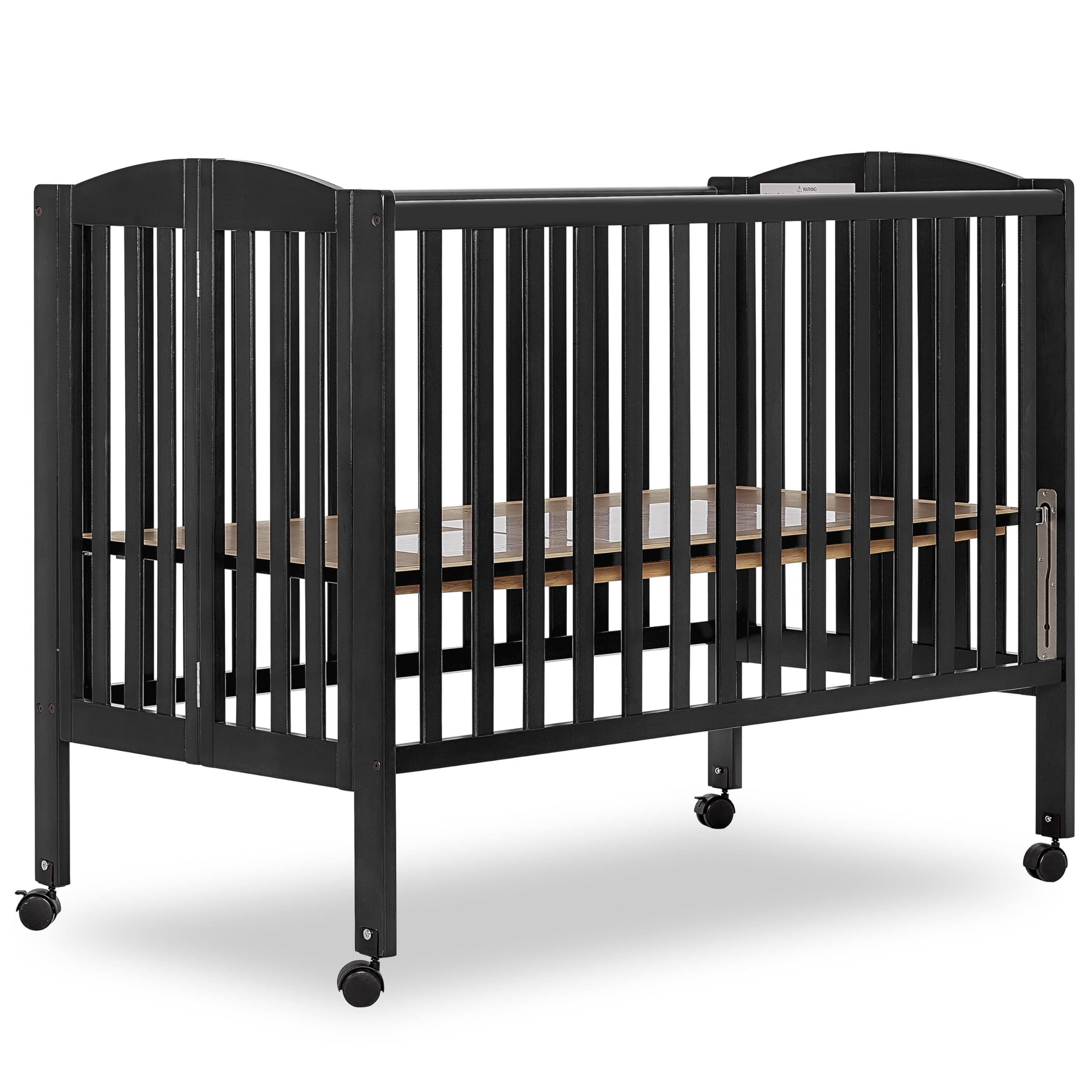 Dream On Me Full Size 2-in-1 Folding Stationary Side Crib in Black, Locking Wheels, Folds Flat for Storage, Comes with Teething 