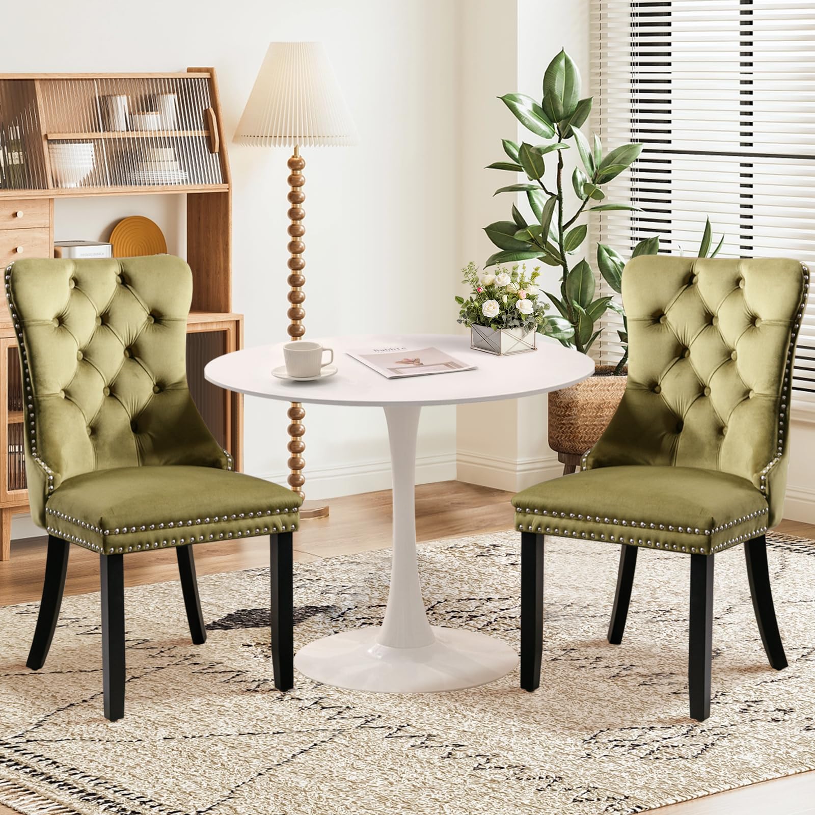 SoarTalent 3-Pieces 31.5 Round Dining Table Set for 2,White Dining Table & 2 Velvet Upholstered Dining Chairs for Kitchen Dining