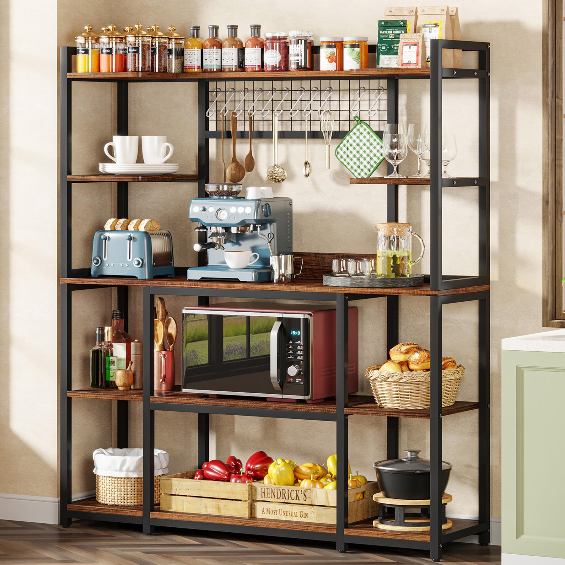 Tribesigns Large Bakers Rack, 55 Wide Kitchen Hutch Cabinet Microwave Stand with 11 Hooks, 5-Tier Bakers Rack Kitchen Storage Sh