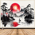 Japanese Red and Black Forest Tapestry, Anime Mountain Tree Sun Aesthetic Tapestry Wall Hanging for Men, Cool Asian Dark Nature 