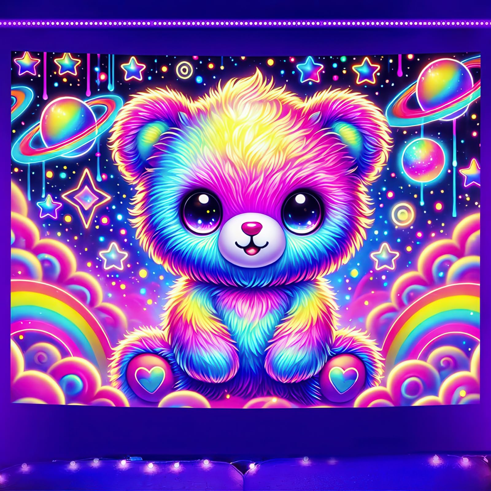 BlissYard Blacklight Teddy Bear Tapestry UV Reactive Rainbow Tapestry Neon Glow In the Dark Wall Hanging Tapestry for Kids?edroo