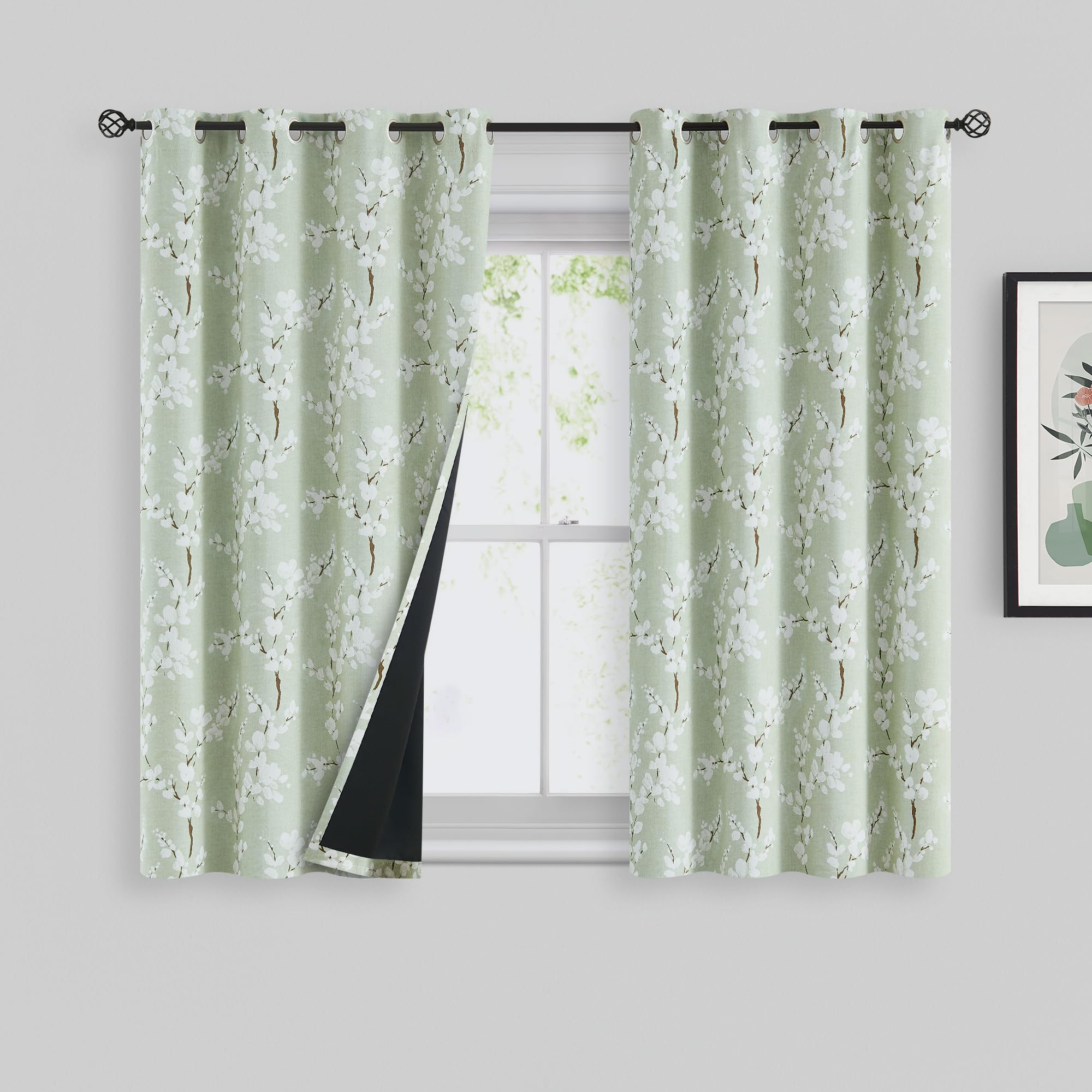 FMFUNCTEX 100% Blackout Floral Curtains for Bedroom, Sage Green Curtains 54 inch Length Blossom Patterned for Living Room, Therm
