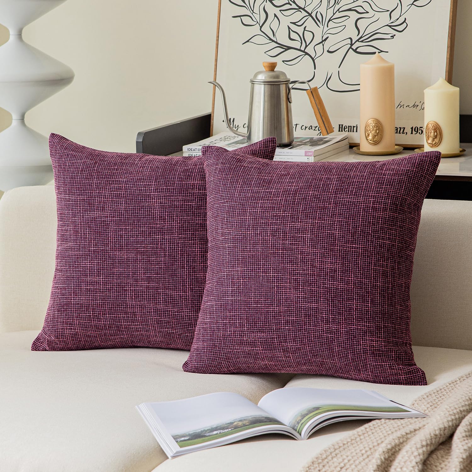Kevin Textile Set of 2 Decorative Throw Pillow Covers Faux Linen Cushion Covers for Bed Couch Sofa, 22x22 inches(55cm), Red Purp
