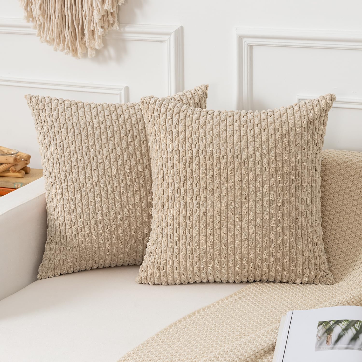 Kevin Textile Throw Pillow Covers Soft Corduroy Decorative Set of 2 Boho Striped Pillow Covers Pillowcases Farmhouse Home Decor 