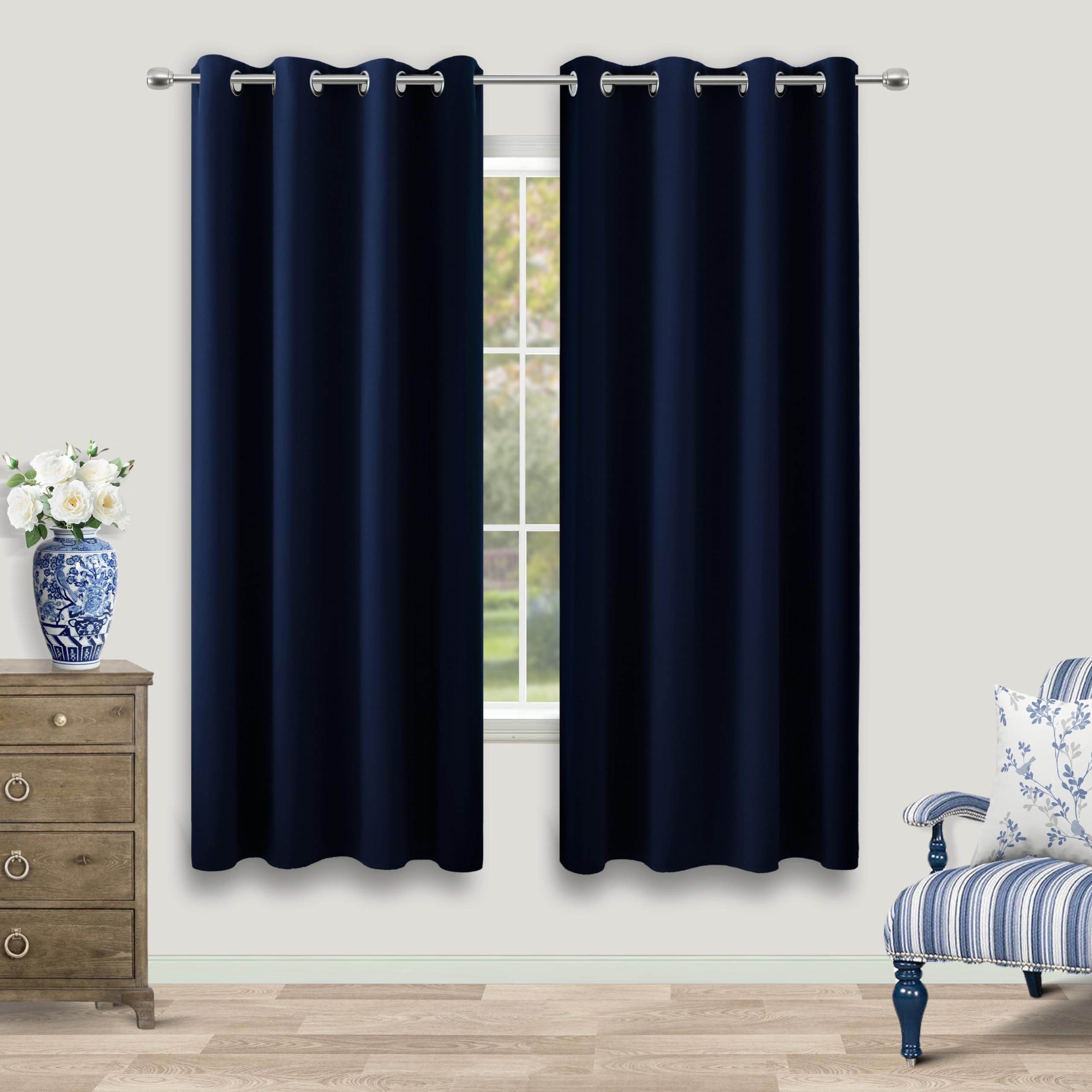 Navy Blue Black Out Curtains 63 Inch Long 2 Panels Burg,Thermal Insulated Pair Grommet Total Blackout Window Shades Light Blocki