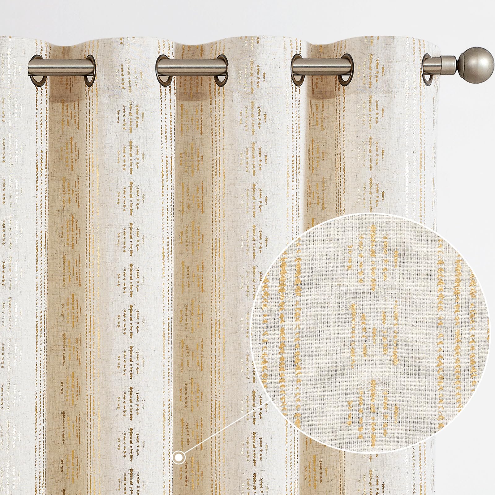 jinchan Boho Curtains Linen Curtains for Living Room Gold Foil Print Farmhouse Curtains 84 Inches Long 2 Panels Geometric Stripe