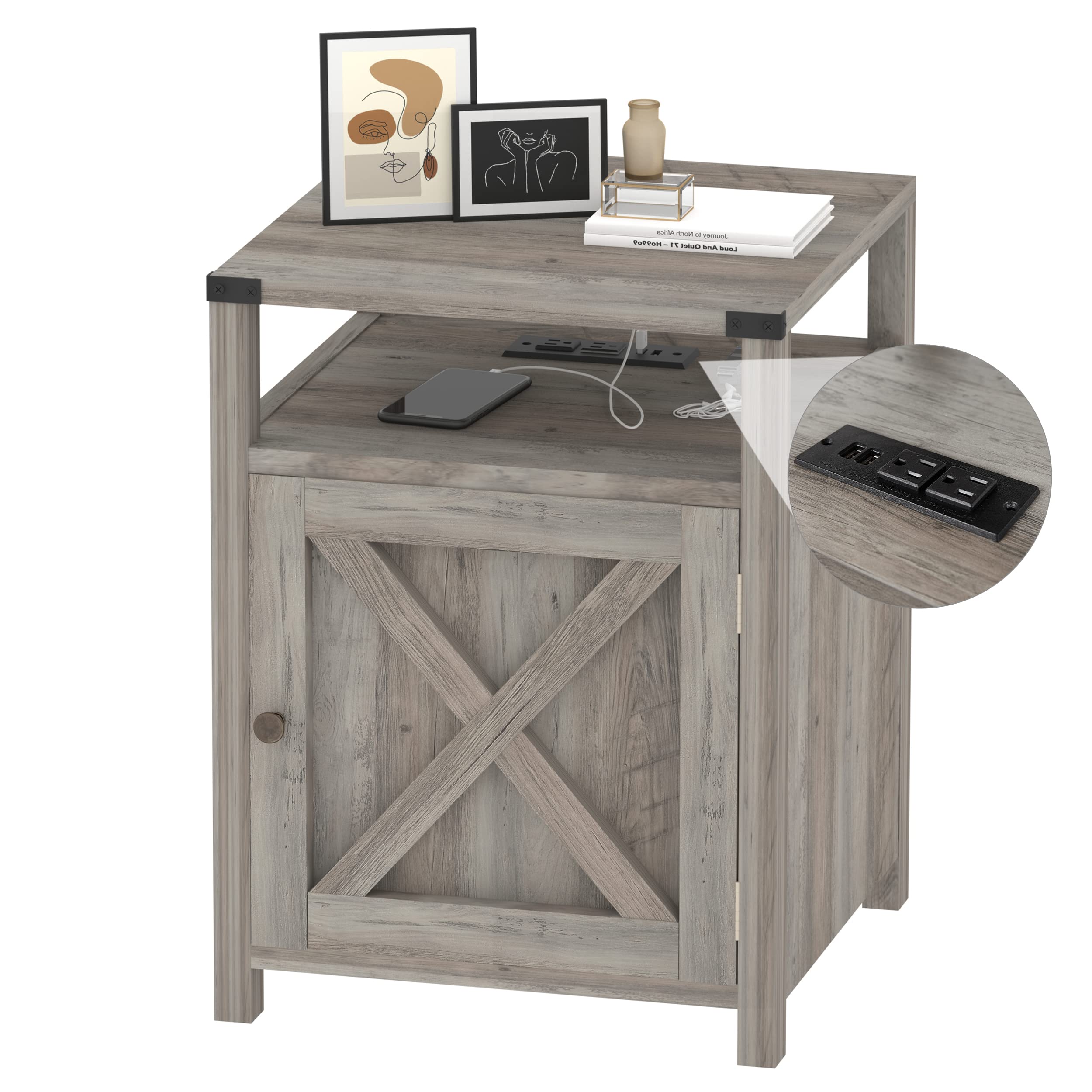 HOSEOKA Farmhouse Nightstand with Charging Station, Rustic End Table Bedroom with Storage Living Room Side Table Grey Night Stan