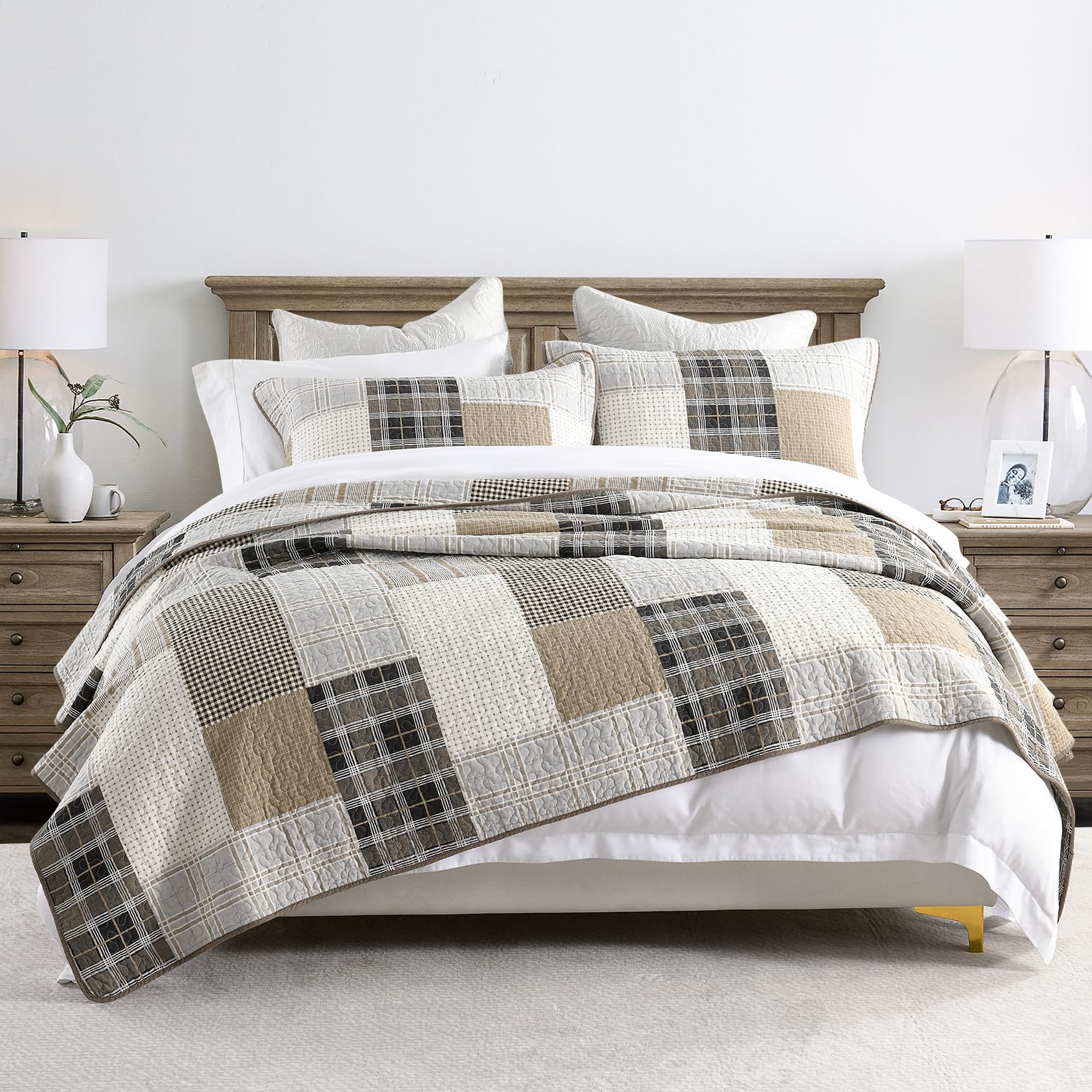 PANGUSHAN 100% Cotton Quilt Set Queen Size, Queen Size Farmhouse Plaid Patchwork Reversible Rustic Quilt Bedding Set Quilted Bed