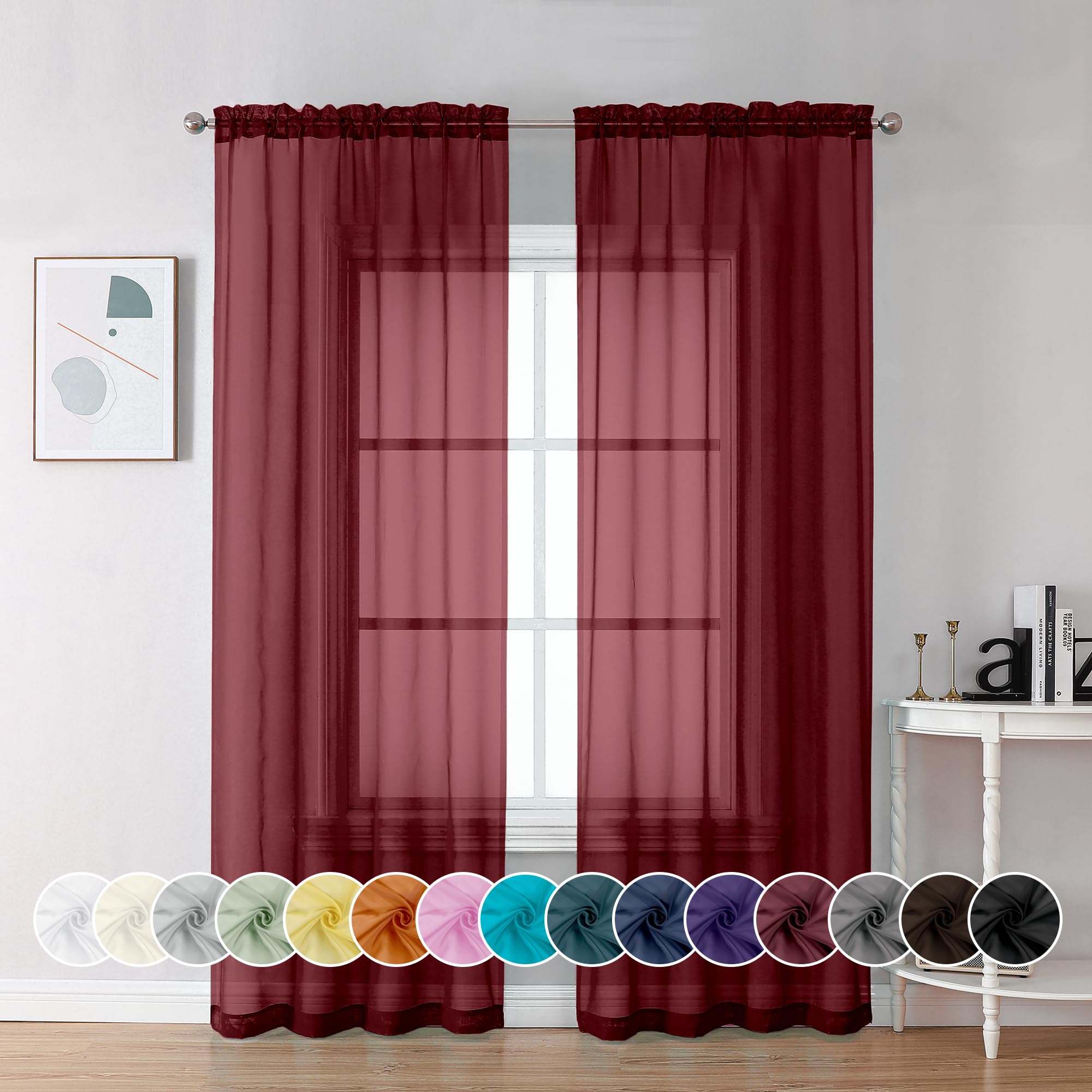 Chyhomenyc Burgundy Sheer Curtains 84 Inches Long 2 Panels Set, Light Filtering Voile Window Drapes for Bedroom Living Room, 42W