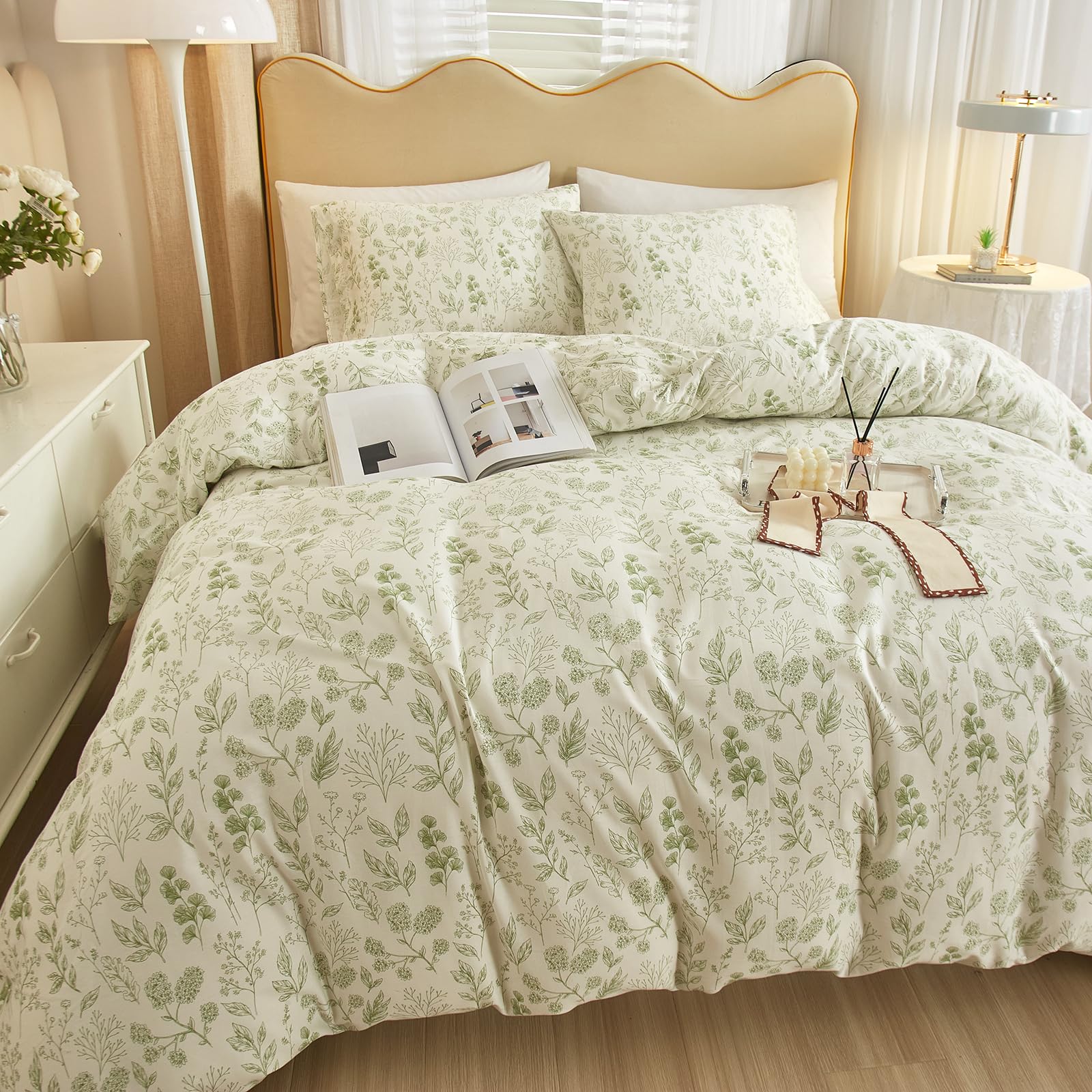 HighBuy 3 Pieces Duvet Cover Twin XL White Duvet Cover with Green Floral Print,Coquette Soft Cotton Comforter Cover Boho Style,A