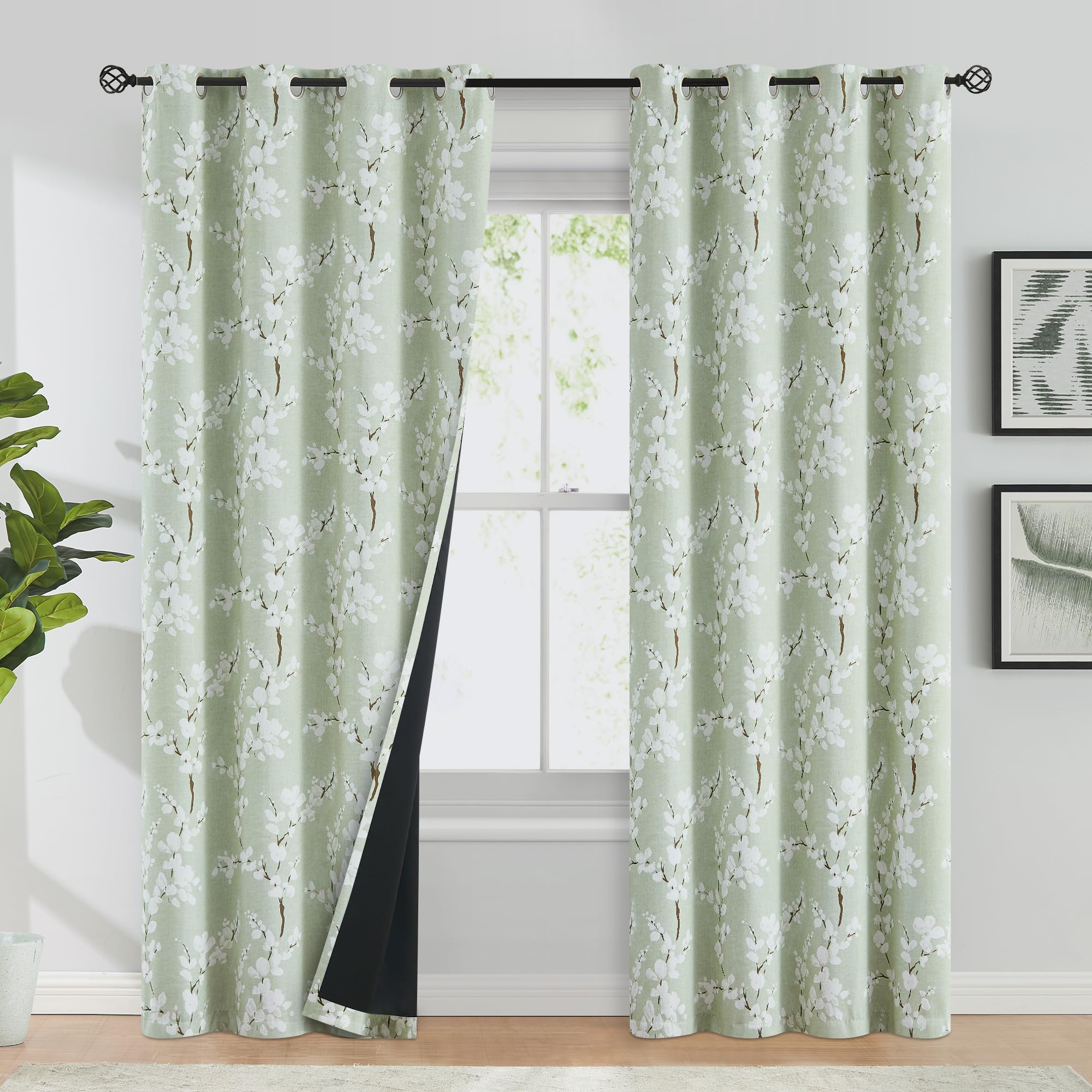 FMFUNCTEX 100% Blackout Floral Curtains for Bedroom, Sage Green Curtains 90 inches Long Blossom Patterned for Living Room, Therm
