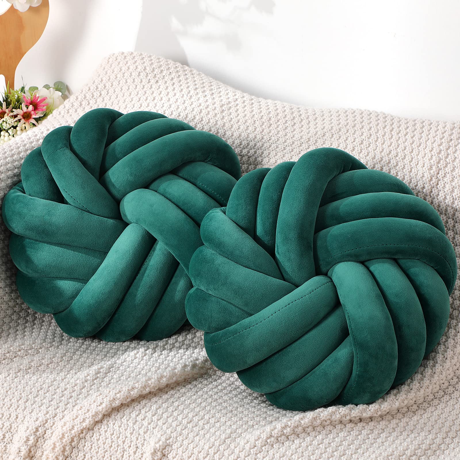 Fumete 2 Pcs Decorative Pillows 14 x 14 Inch Throw Knot Pillow for Couch Bedroom Soft Plush Sofa Pillow Ball Handmade Chair Cush