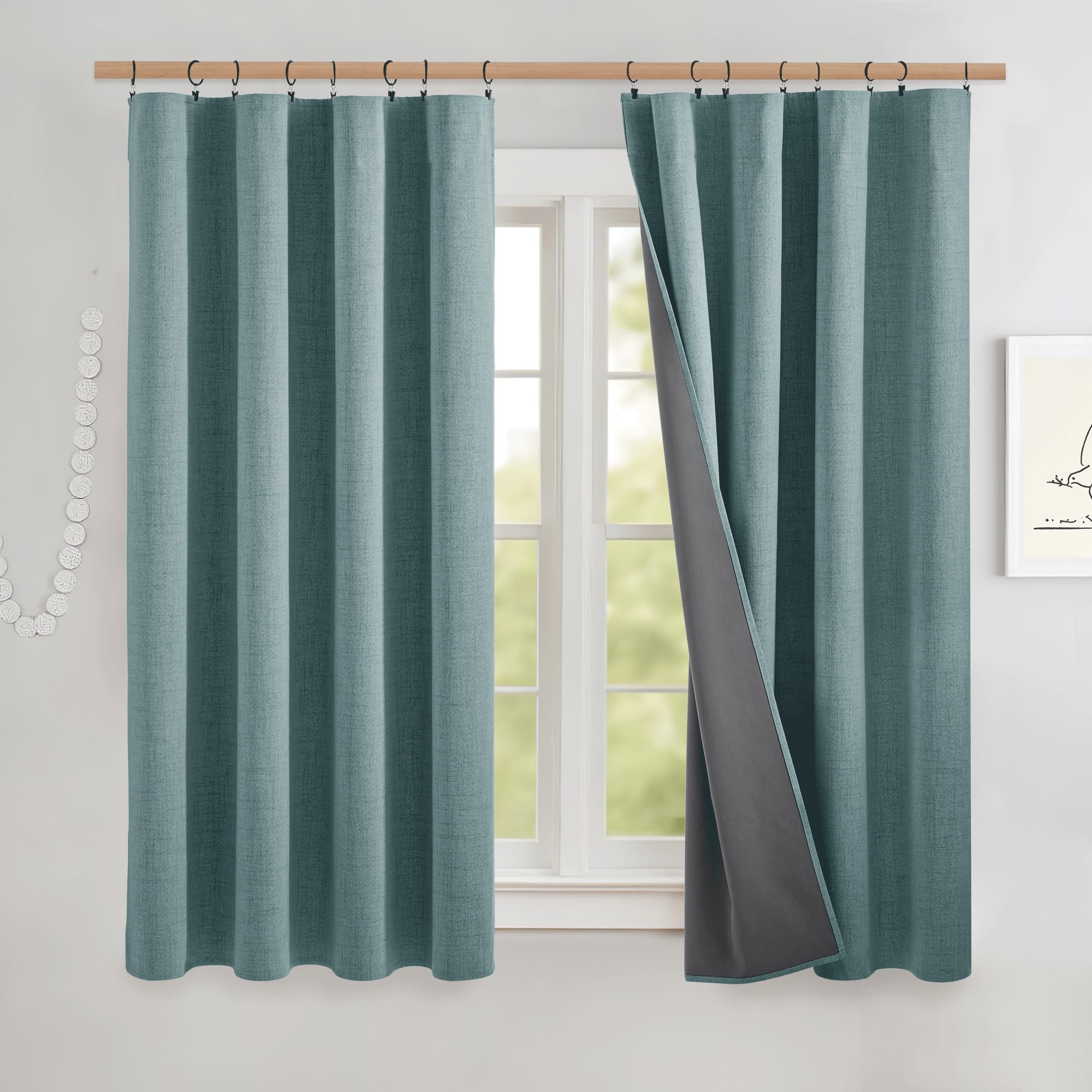 NICETOWN Skylark Blue Linen Complete Blackout Curtains 48, Thermal Insulated & Noise Reducing Window Draperies with Grey Liner, 