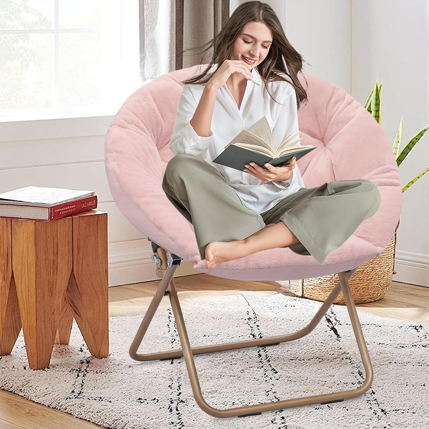 SFIHOME Foldable Oversized Moon Chair, Large Soft Lazy Cozy Comfortable Faux Fur Round Saucer Moon Chair for Teens and Adults, L