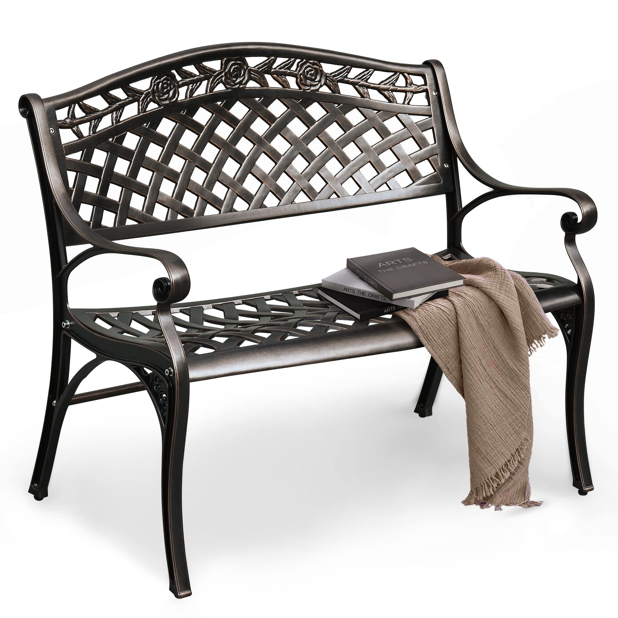DWVO 39.4 Cast Aluminum Outdoor Bench, 2-Person Patio Garden Benches for Outdoors, Metal Frame Patio Bench for Porch Backyard, O