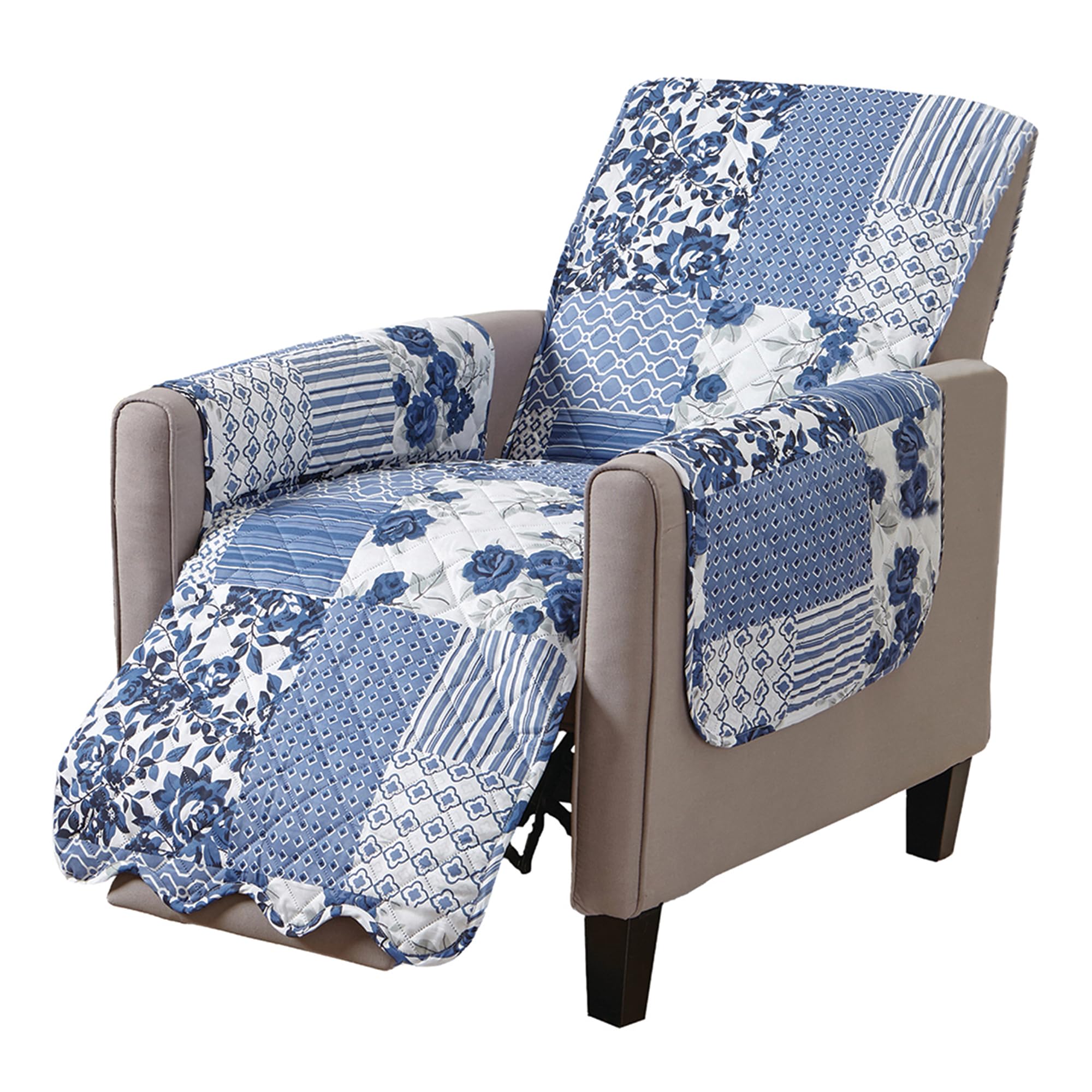 Great Bay Home Patchwork Scalloped Printed Furniture Protector Stain Resistant Recliner Cover (Recliner, Navy)