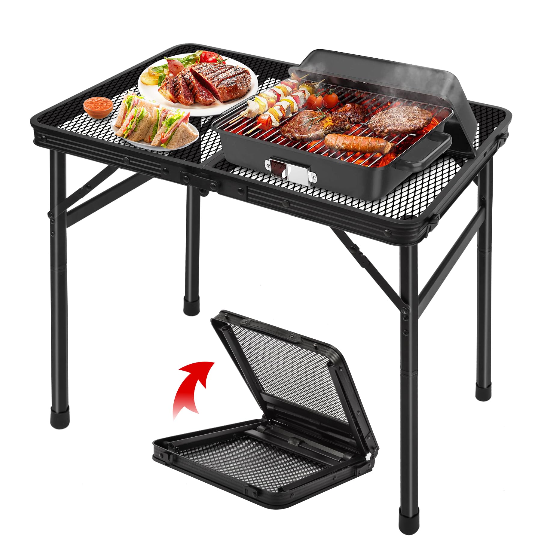 jkwokback Grill Table Camping Table Portable Folding Table,Height Adjustable Collapsible with Mesh Desktop,Lightweight Metal Tab