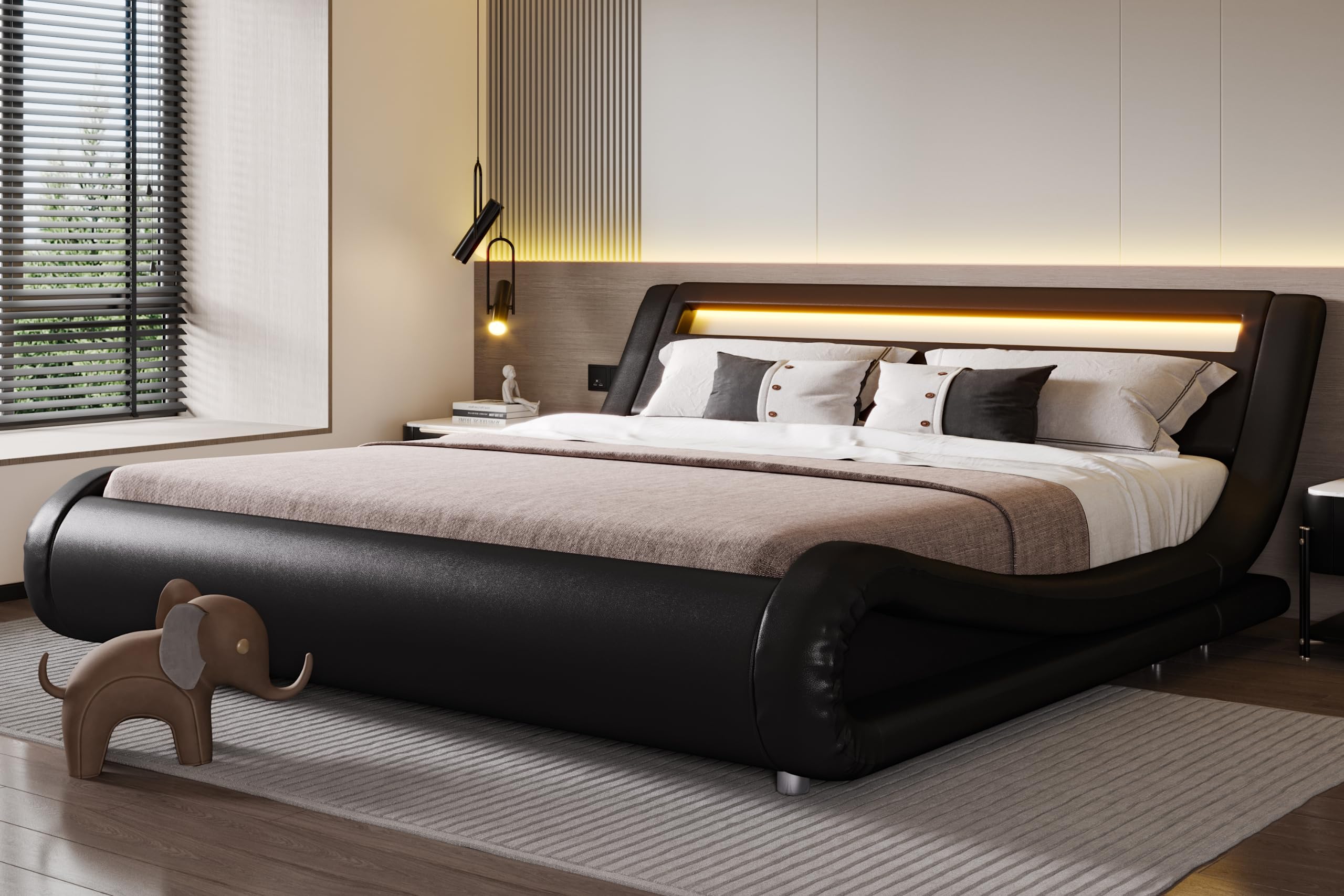 SHA CERLIN Deluxe Upholstered LED King Bed Frame with Adjustable Headboard - Low Profile Sleigh Design - Strong Wood Slats Suppo