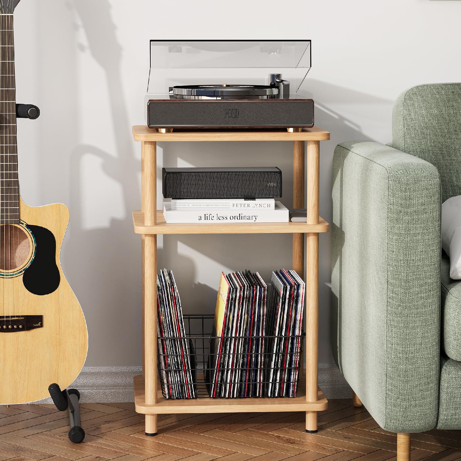 Apicizon 3 Tier End Table, Record Player Stand with Storage Shelf, Wooden Vinyl Record, Nightstand Bedside Table for Small Space