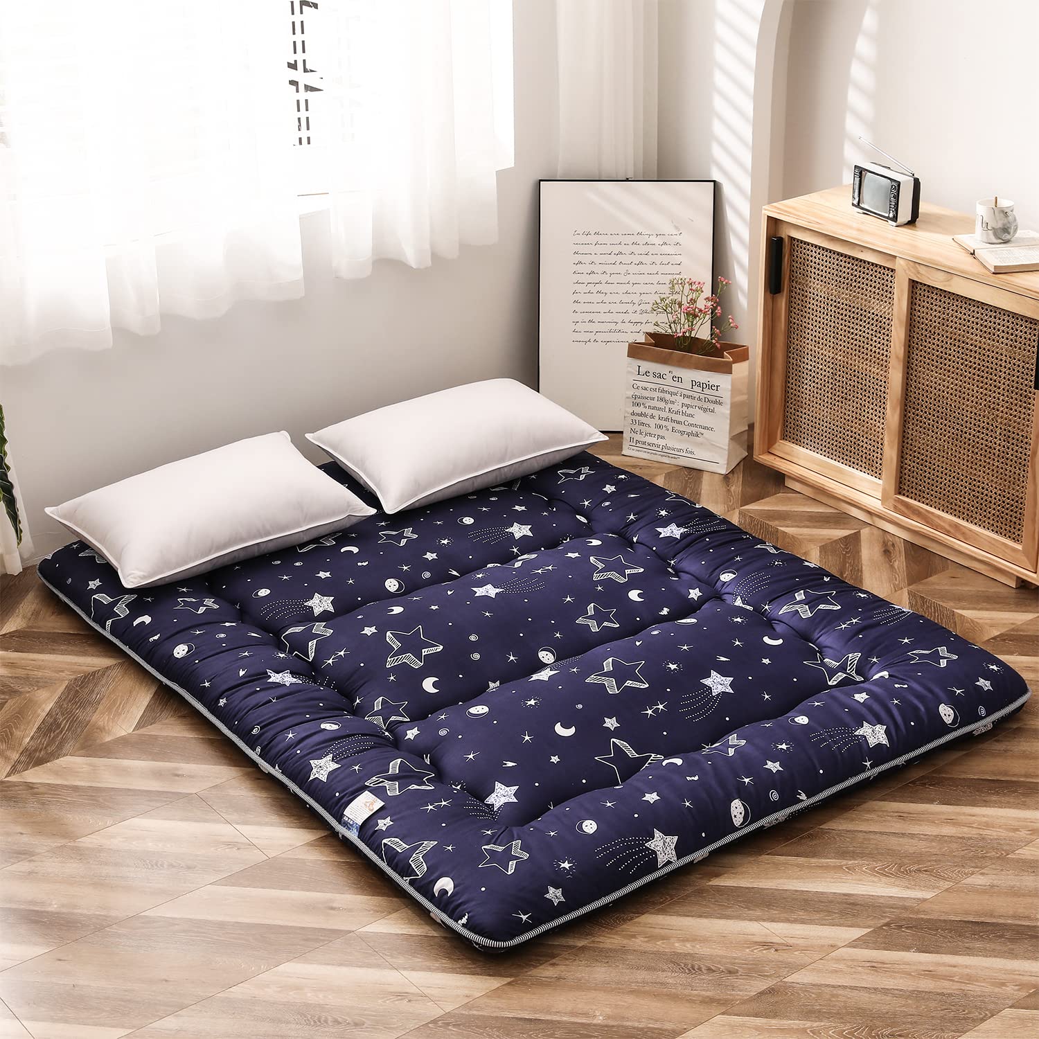 MAXYOYO Navy Star Futon Mattress Japanese Floor Mattress Tatami Floor Mat Foldable Bed Portable Camping Mattress Kids Sleeping P