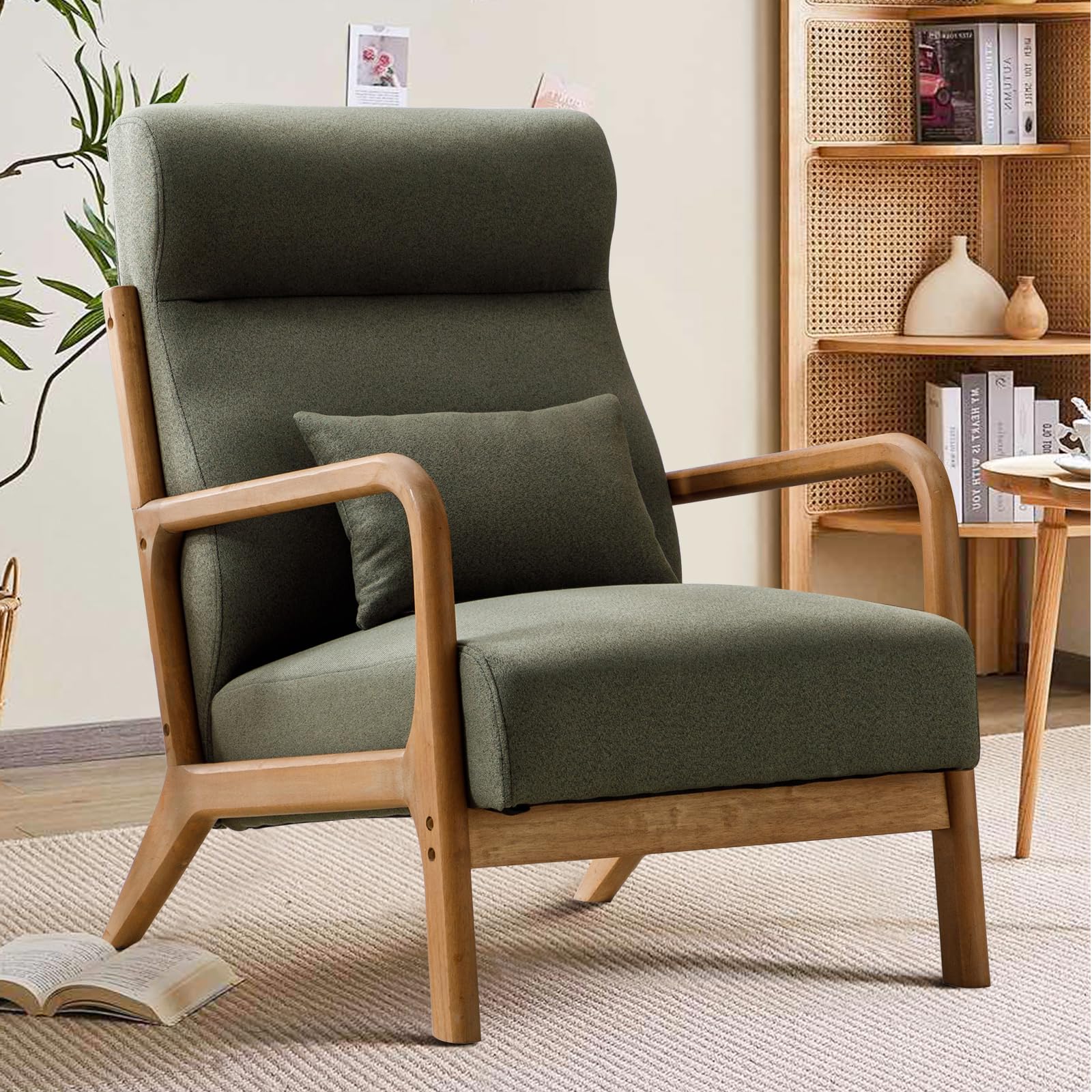 INZOY Mid Century Modern Accent Chair with High Back, Upholstered Living Room Chairs with Waist Cushion, Wood Frame Reading Armc