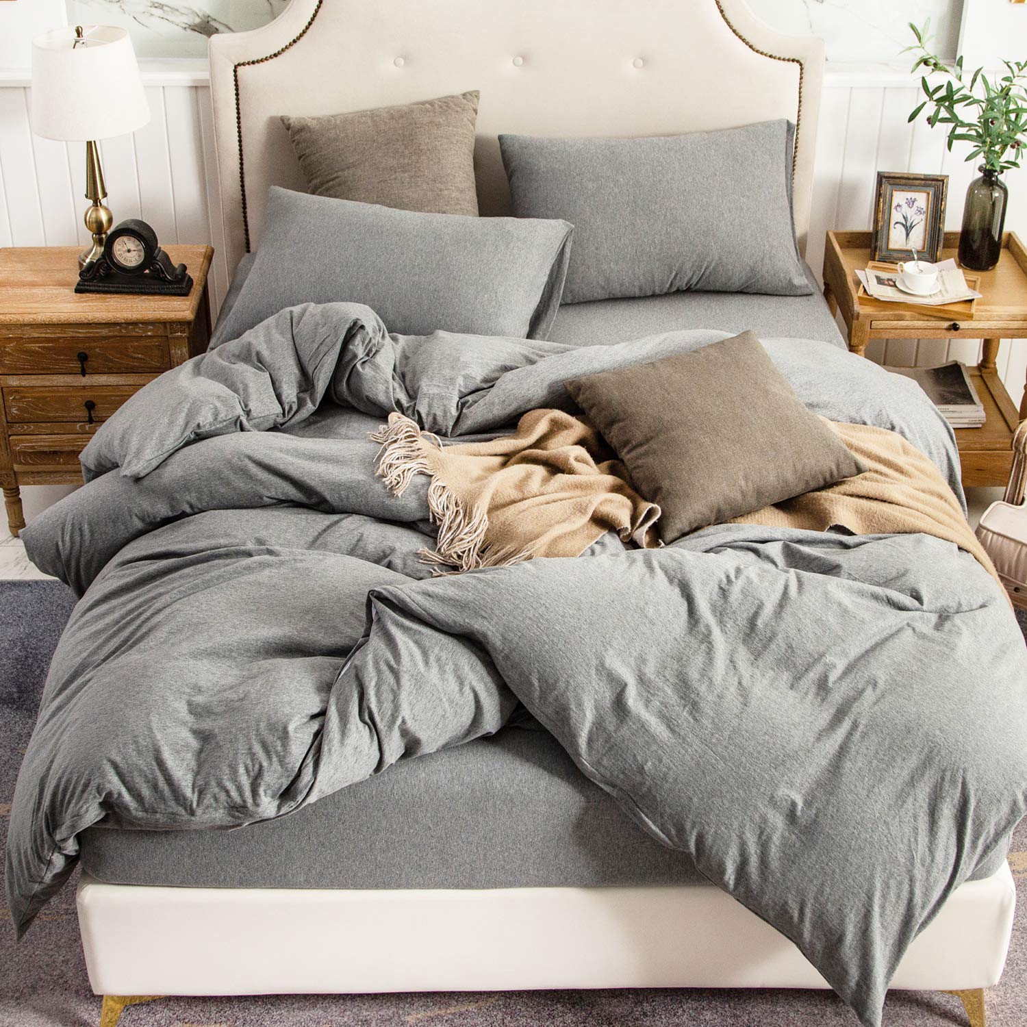 PURE ERA Jersey Knit Duvet Cover Set 100% T-Shirt Cotton Super Soft Comfy 3pc Bedding Set with Zipper Closure (Heather Dark Grey