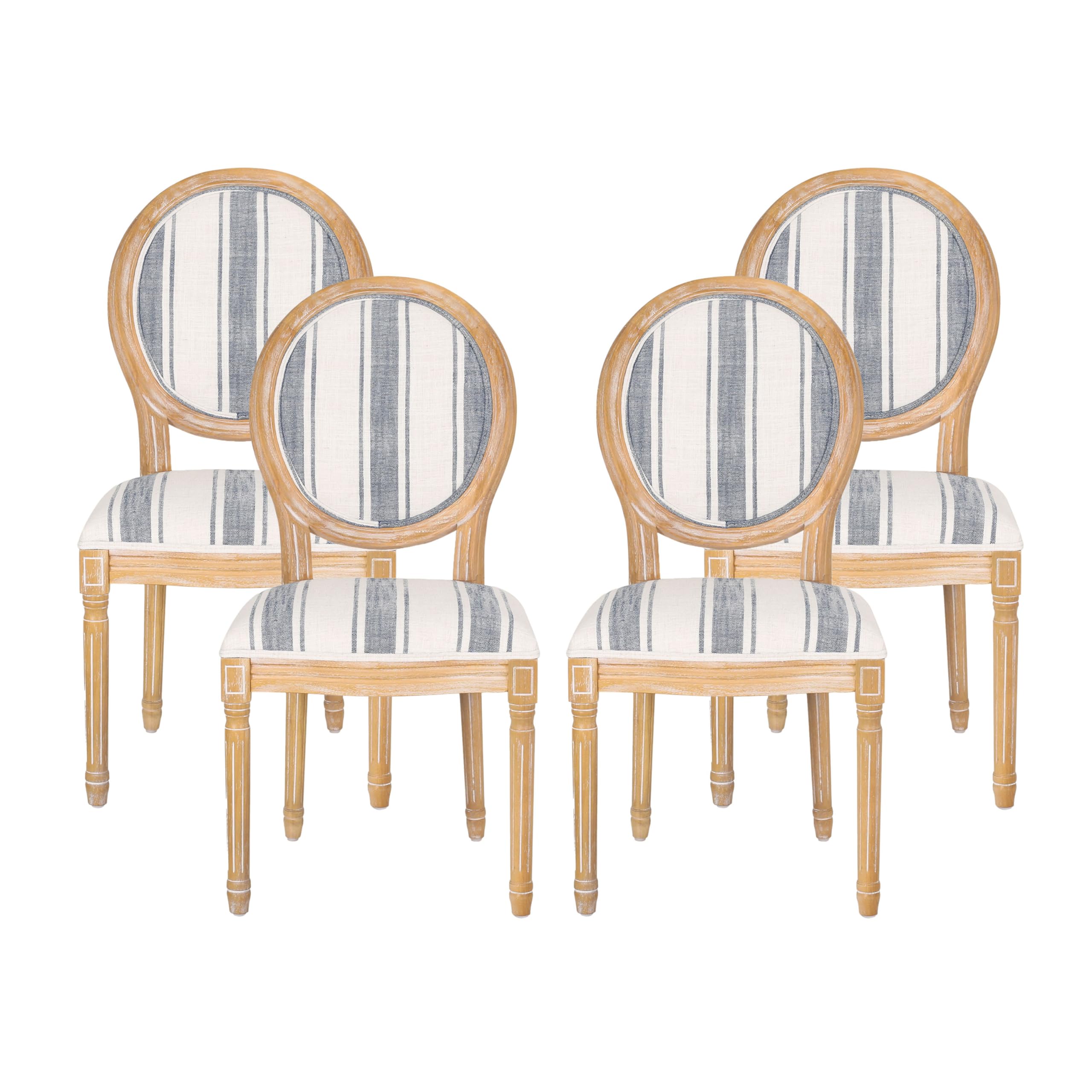 Christopher Knight Home Phinnaeus Dining Chair Set, Set of 4, Wood, Dark Blue Stripes + Light Beige + Natural