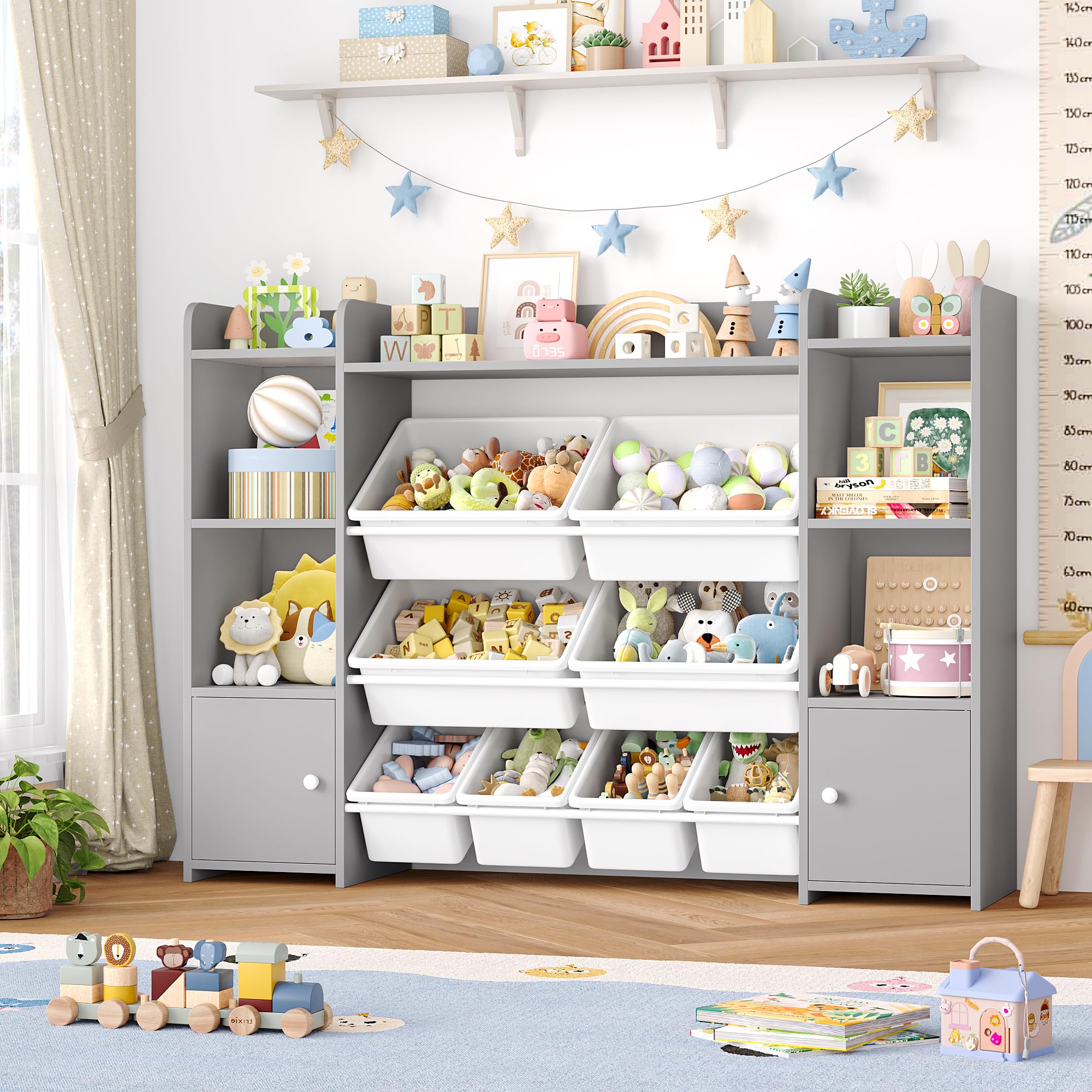 FOTOSOK 55Large Toy Storage Organizer with 8 Toy Bins, Toy Organizers and Storage with Shelf and 6 Storage Cubbies, Bookshelf 