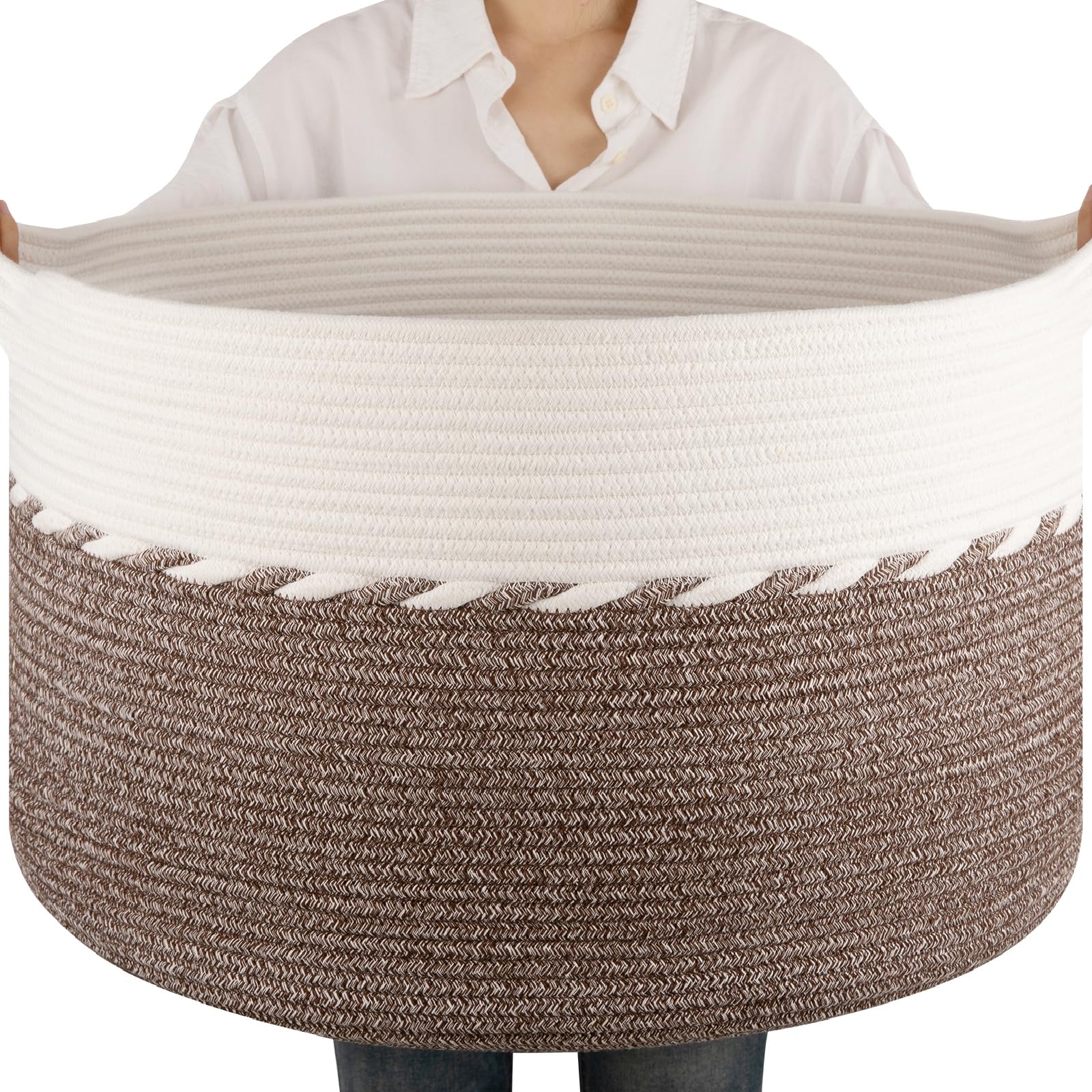 OIAHOMY 90L Blanket Basket for Living Room, Large Basket 23 x 23 x 13 with Handle, Laundry Hamper for Blankets, Pillows, Toy Sto