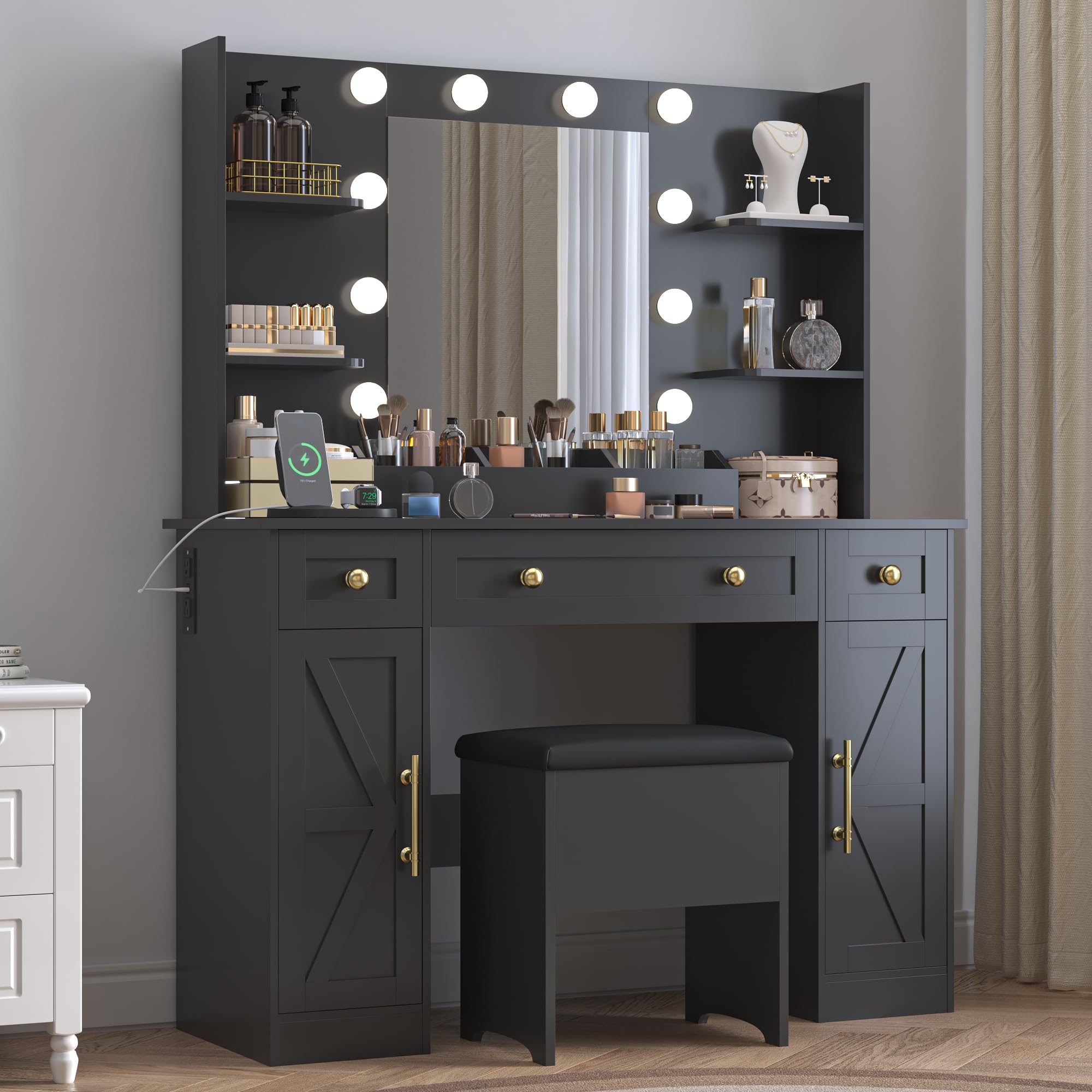BORNOON Vanity Desk with Mirror & Lights, Makeup Vanity Table with Charging Station, 3 Lighting Modes, Large Storage Space with 