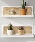 Mazjoaru Rattan Wall Shelf 16inch Set of 2, Handmade White Floating Shelves Boho Wall Decor, Rustic Wood Cute Wall Mounted Stora