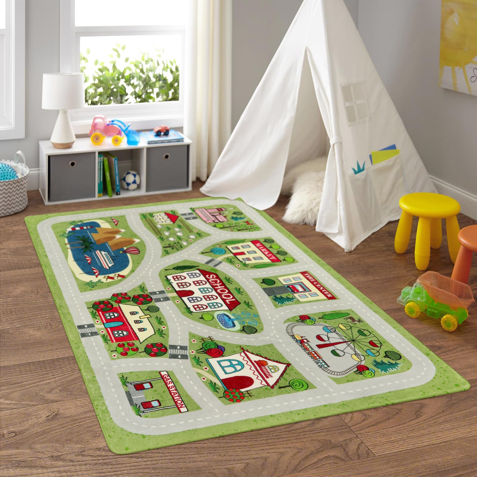 LIVEBOX Green Kids Rug for Playroom, 4x6 Washable Road Rug for Boys Room, Non-Slip Soft Car Rug for Baby Nursery, Large Kids F