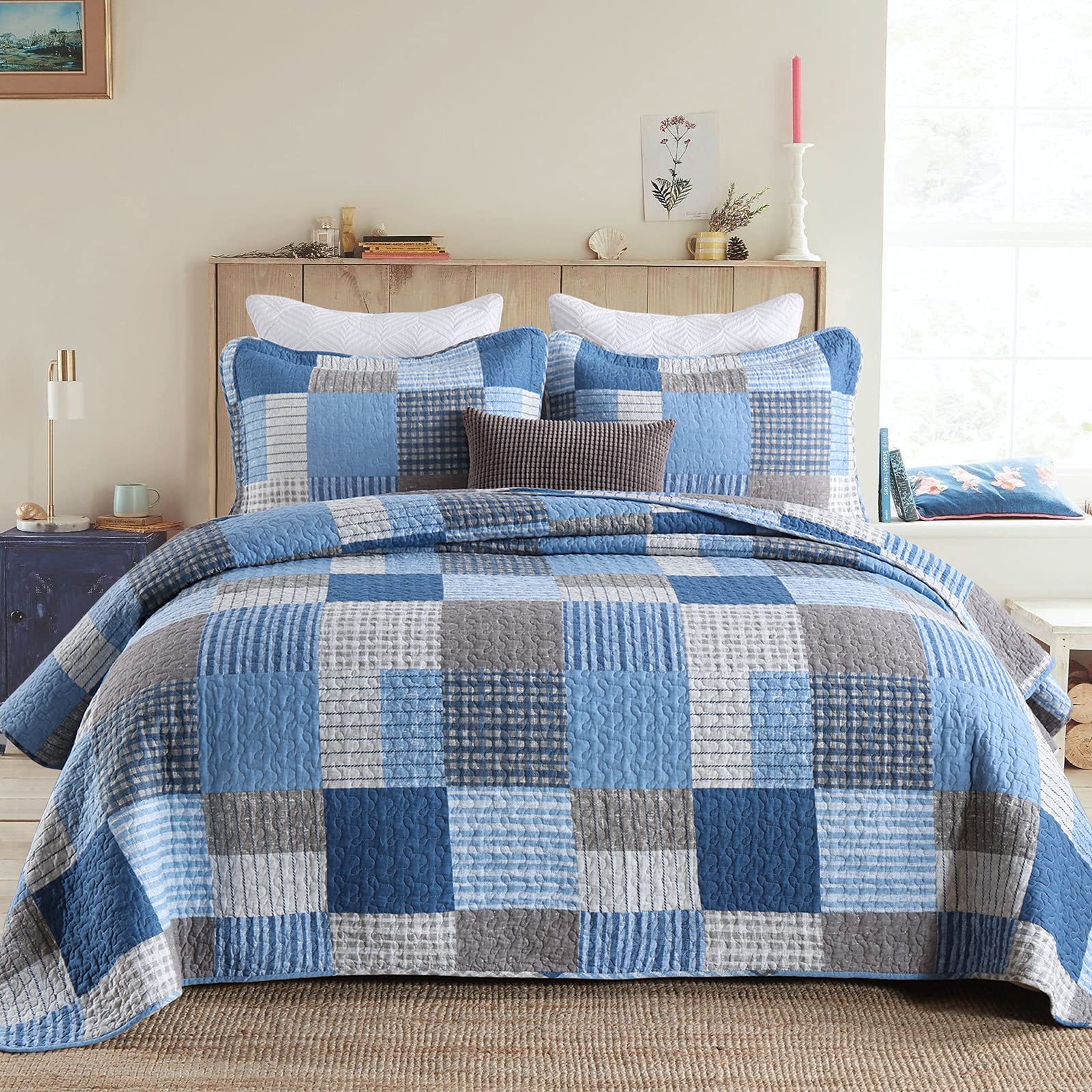 PANGUSHAN Quilts Set Queen Size,100% Cotton Patchwork Plaid Quilt Bedding Set,Blue/Navy Blue Reversible Bedspreads,Farmhouse Lig