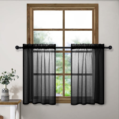 24 Inch Curtains for Small Windows Set Rod Pocket Semi Sheer Linen Look Kitchen Half Cafe Curtains Modern Black Lace Short Windo