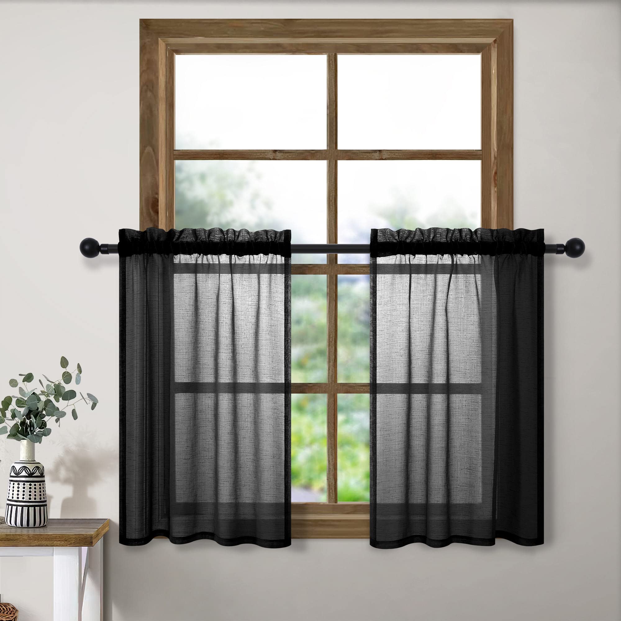 Short Curtains 36 inch Length for Small Bedroom Window 2 Panels Rod Pocket Country Farmhouse Semi Sheer Linen Textured Tier Cafe