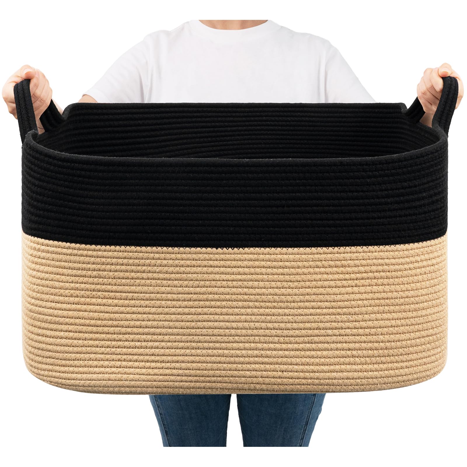 Goodpick Woven Baskets for Storage, Rectangle Cotton Rope Basket with Handle Large Toy Storage Basket for Baby, Kids, Blanket Ba