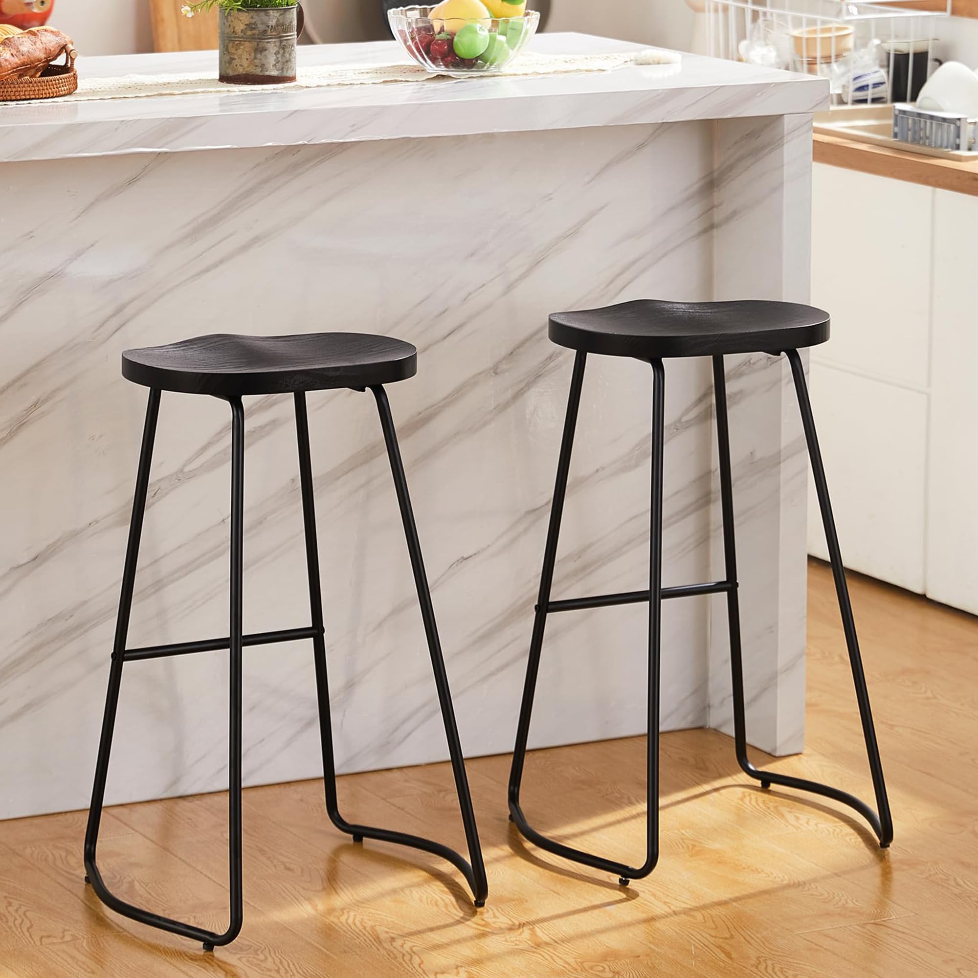 HeuGah Bar Stools Set of 2, 30 Inch Counter Height Wood Bar Stools, Black Saddle Seat Barstool for Kitchen Island, Industrial Ba