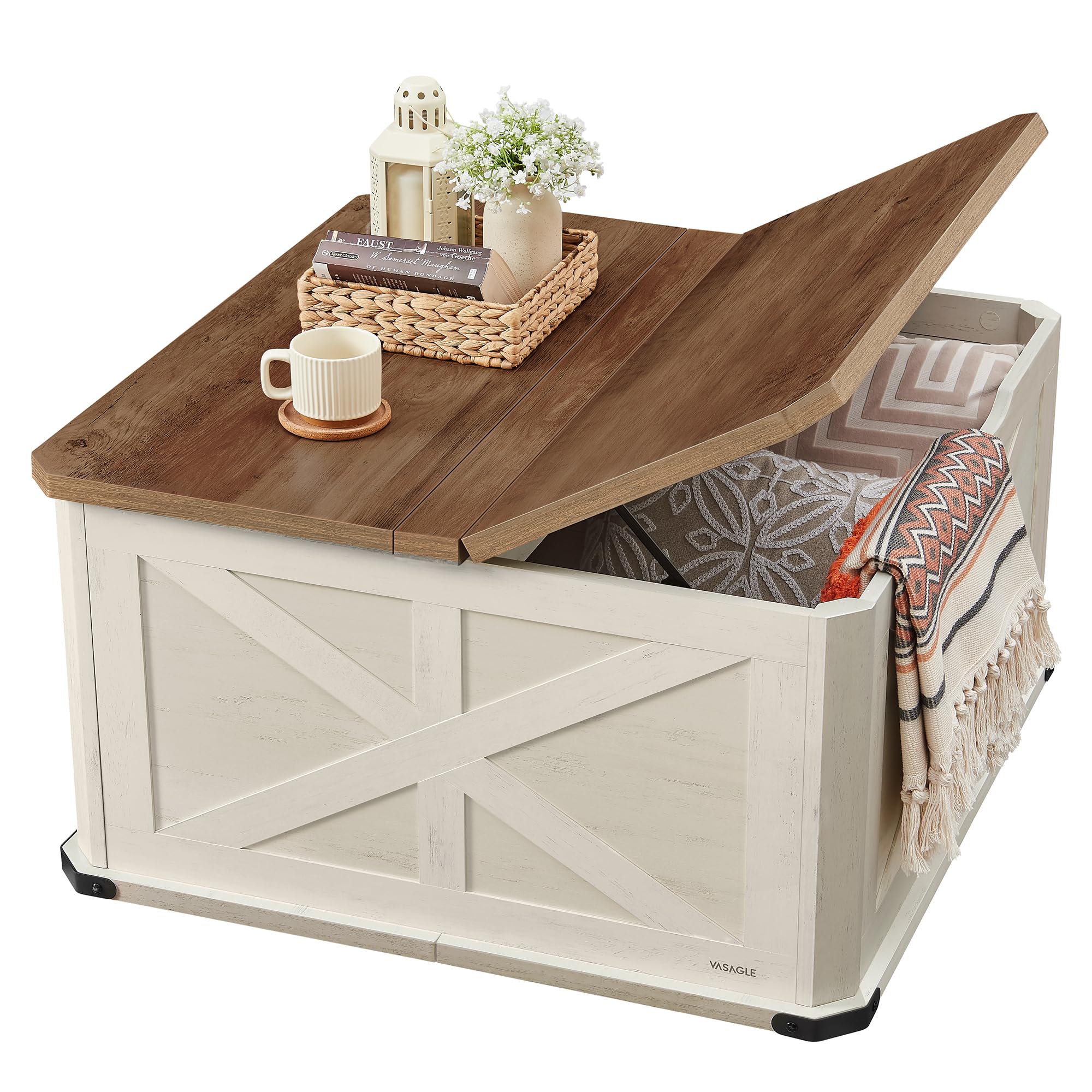 VASAGLE Farmhouse Coffee Table with Storage, Square Coffee Table for Living Room, Center Table with Flip-Top Lids, Honey Brown a